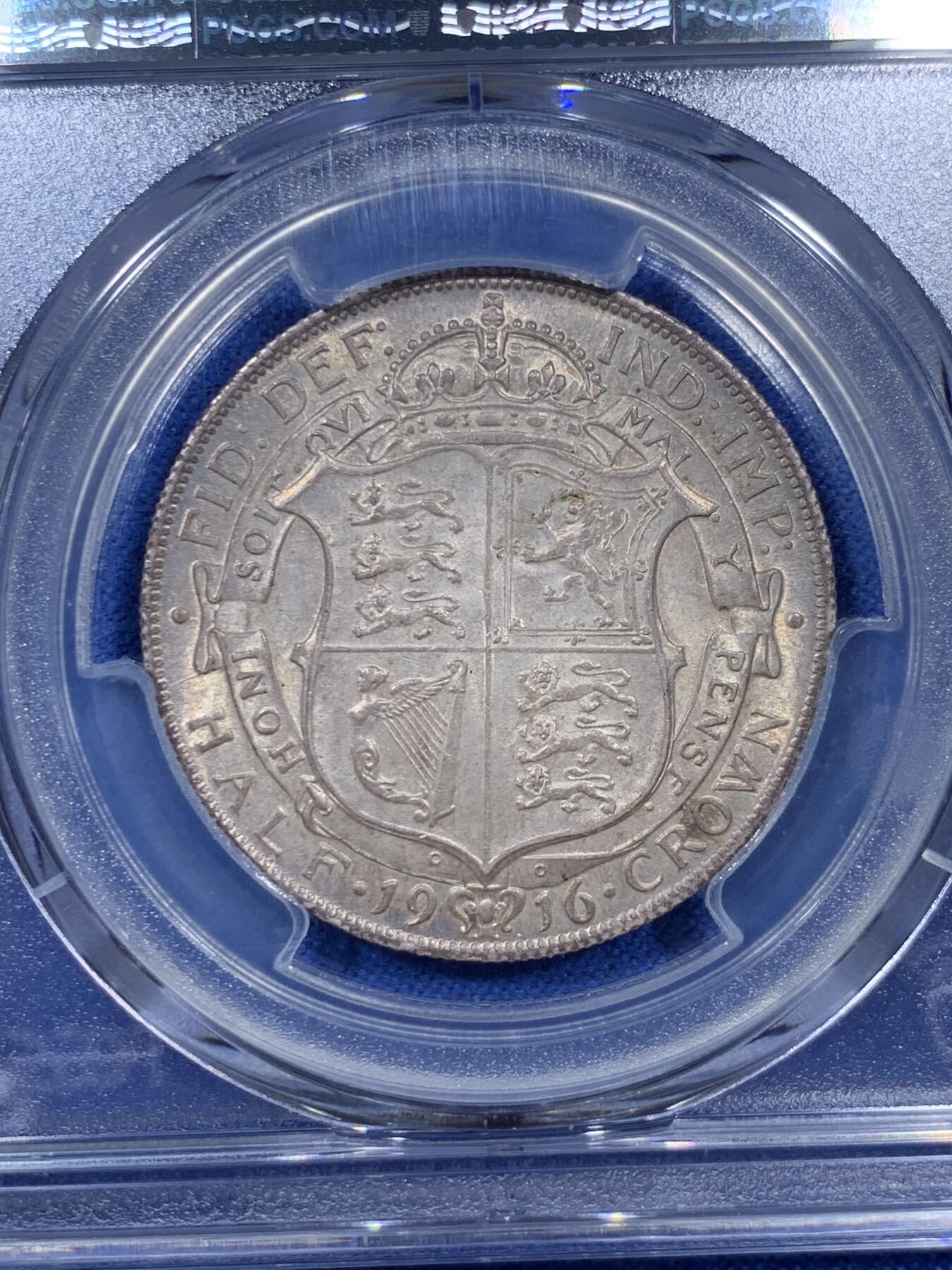 《竞宝斋》第307场   周日，周一,周二 3场连拍 （全场包邮） PCGS MS63 英国 1916年 半克朗 乔治五世 银币 原味包浆 925高银版
