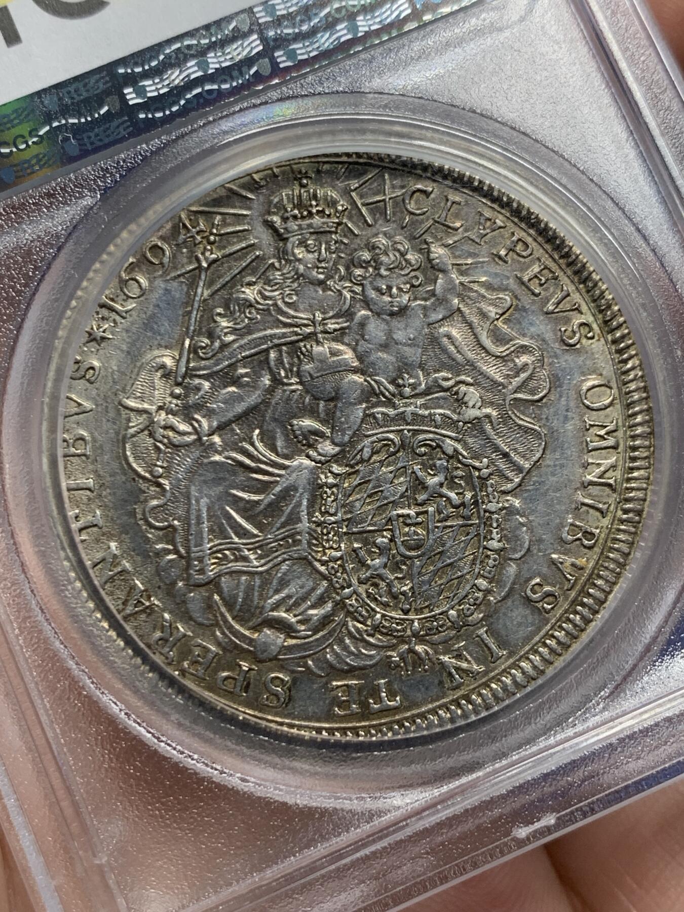 《竞宝斋》第307场   周日，周一,周二 3场连拍 （全场包邮） PCGS AUD 1694年德国巴伐利亚圣母抱婴泰勒 很早期的圣母抱婴，此版价格不低，刚拍的一枚MS63+，成交价3万