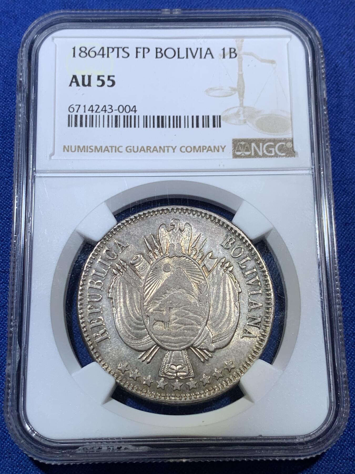《竞宝斋》第307场   周日，周一,周二 3场连拍 （全场包邮） NGC AU55 玻利维亚 1864年PTS FP 1B大银币 首发年份，好品稀少，低评