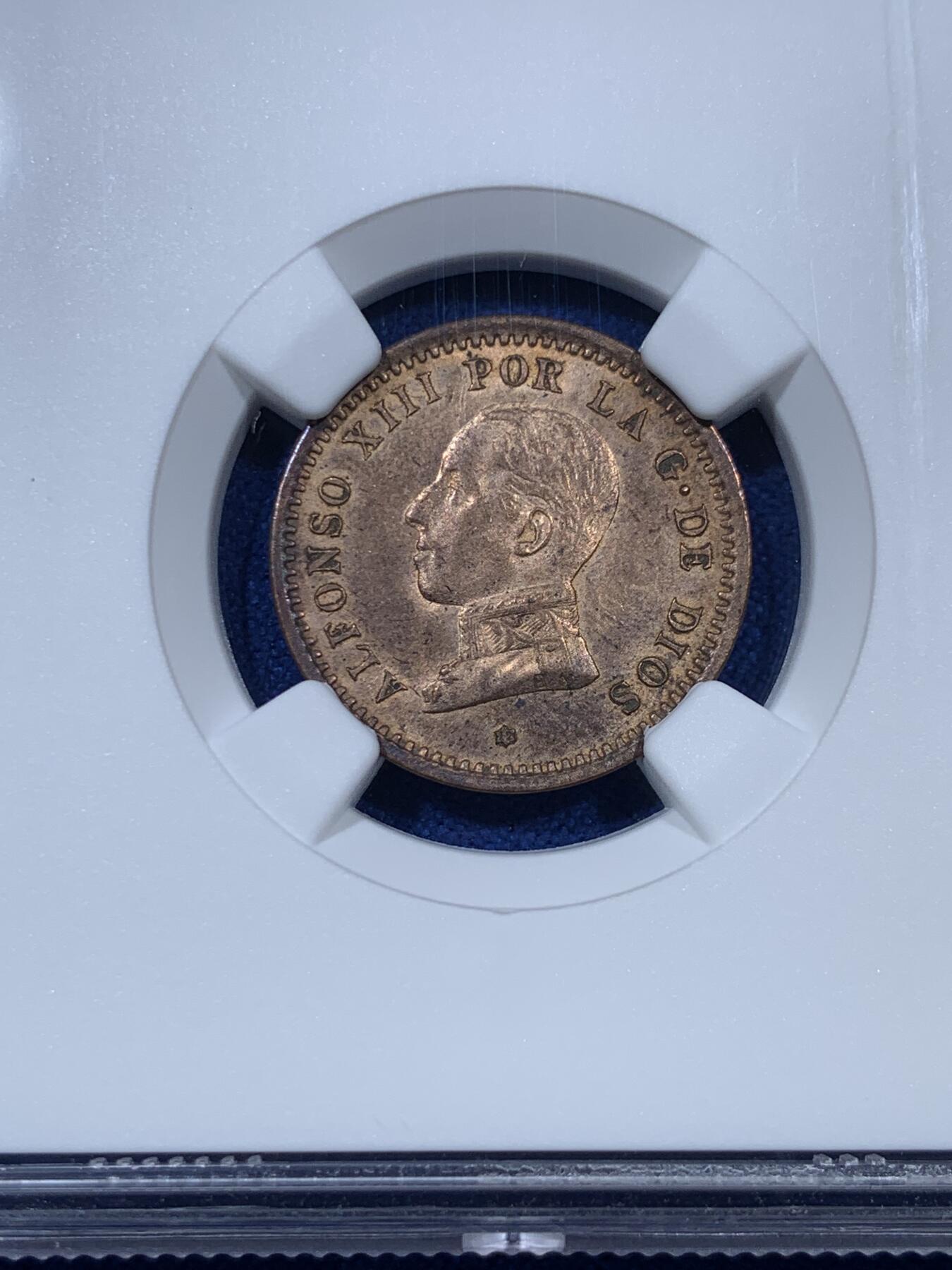 《竞宝斋》第307场   周日，周一,周二 3场连拍 （全场包邮） NGC MS62RB 西班牙1912阿方索十三世2分铜币