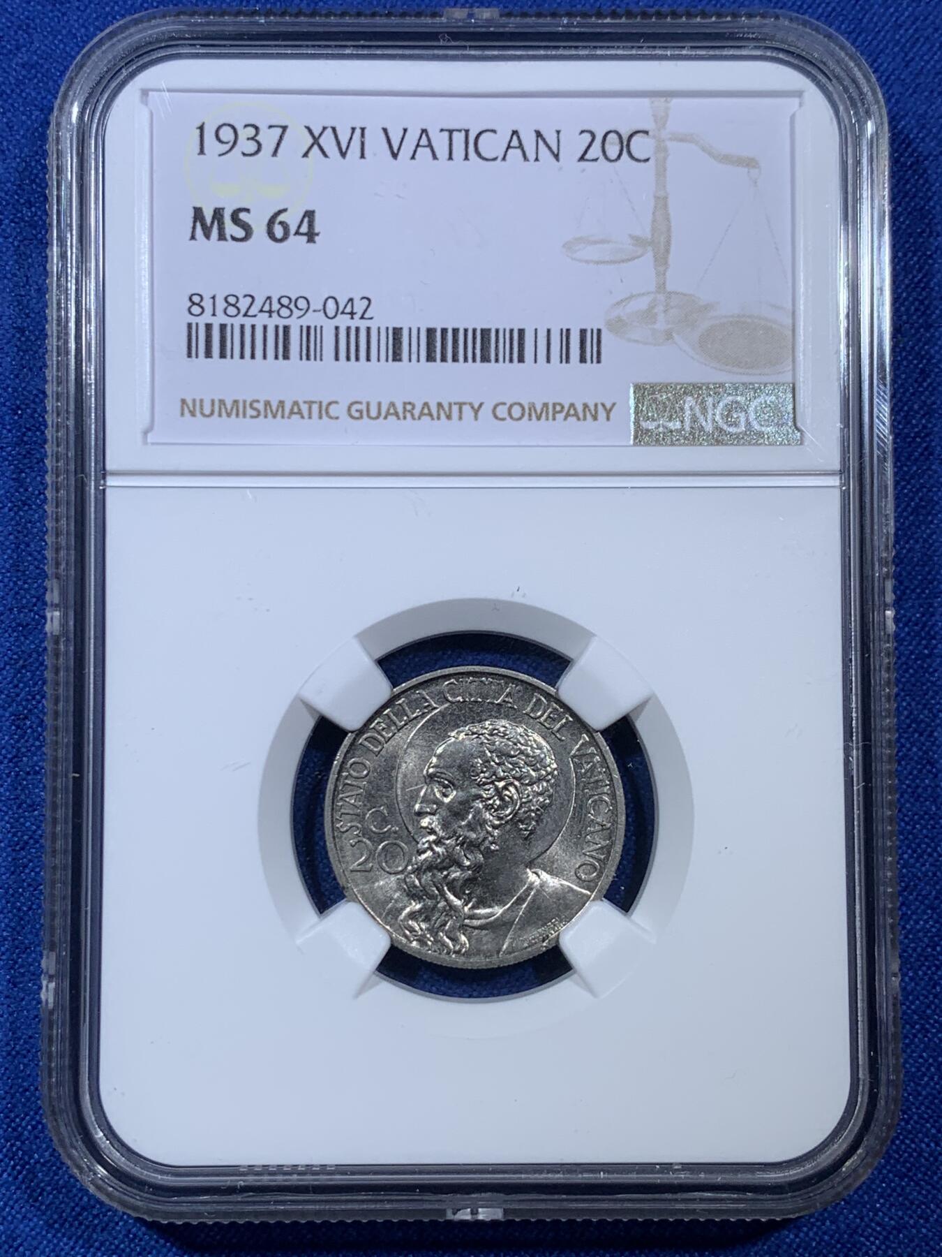 《竞宝斋》第307场   周日，周一,周二 3场连拍 （全场包邮） NGC MS64 1937 梵蒂冈 20分镍币 少见早期品种 64分已经很难得了 两面光都很不错 可藏品相