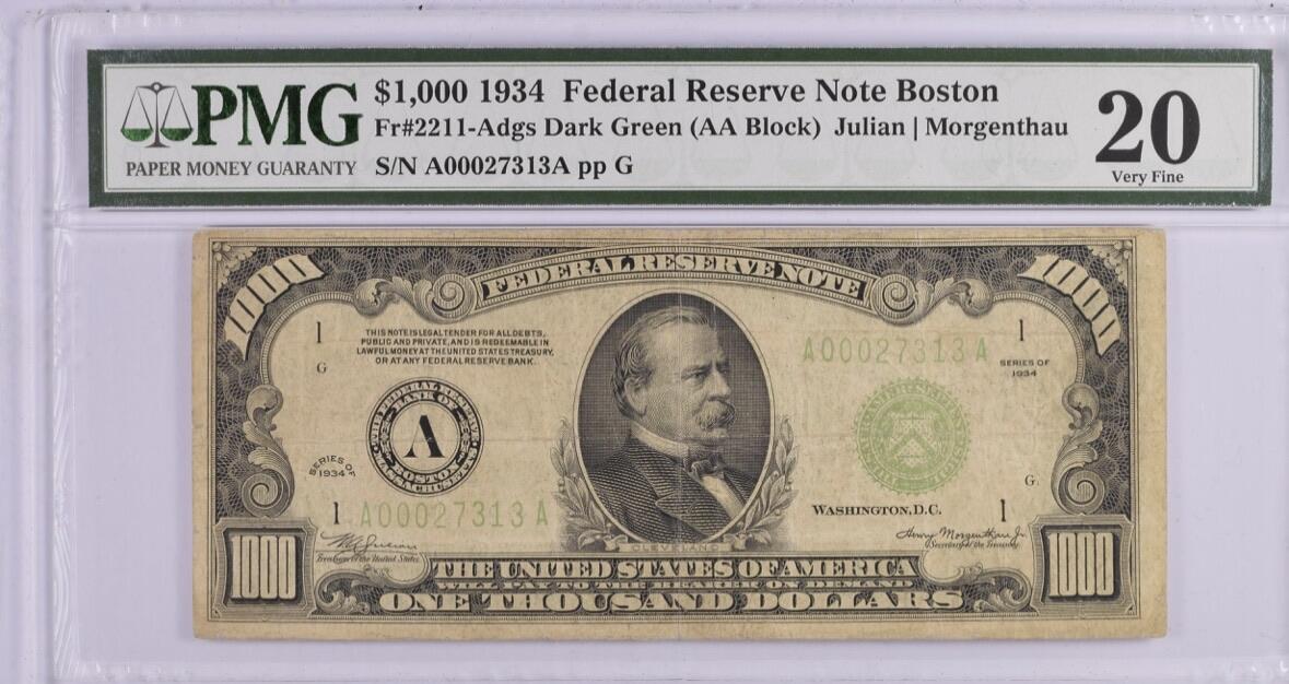 收藏联盟Quantum Auction 第376期拍卖  美国联邦1934年1000元 PMG20 AA冠无4且为千位号 稀少