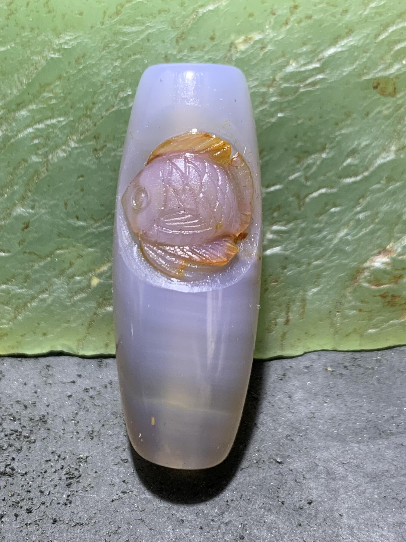 精美亚光高玉化朱砂点缠丝玛瑙手工雕刻富贵有余随形桶珠一颗