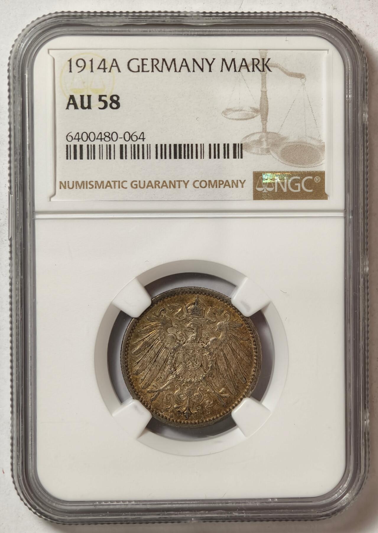紫瑗钱币——第466期 德国 1914年 A版 第二帝国 长翅 1马克 银币 NGC AU58 五彩包浆