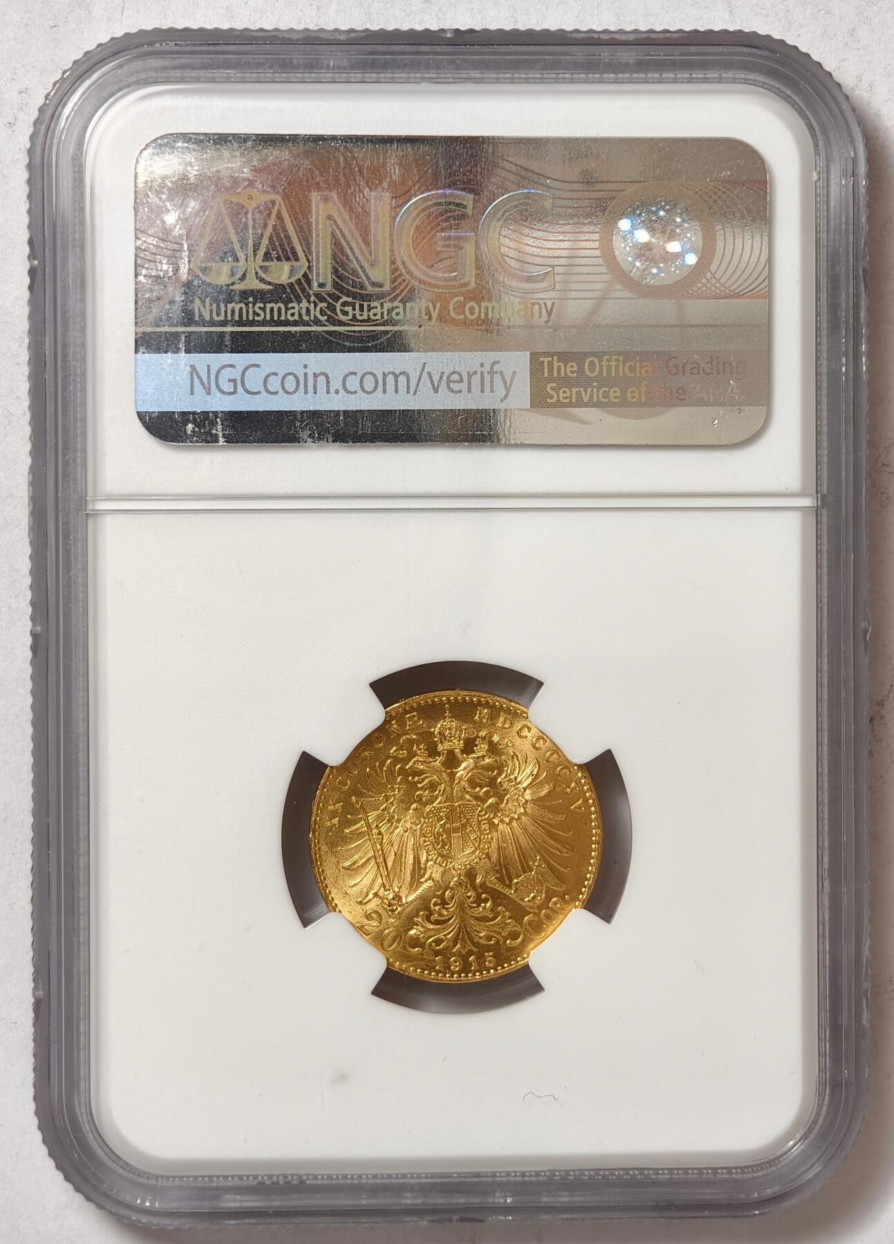 紫瑗钱币——第426期 奥地利 1915年 弗朗茨·约瑟夫二世 20克朗 金币 NGC MS65