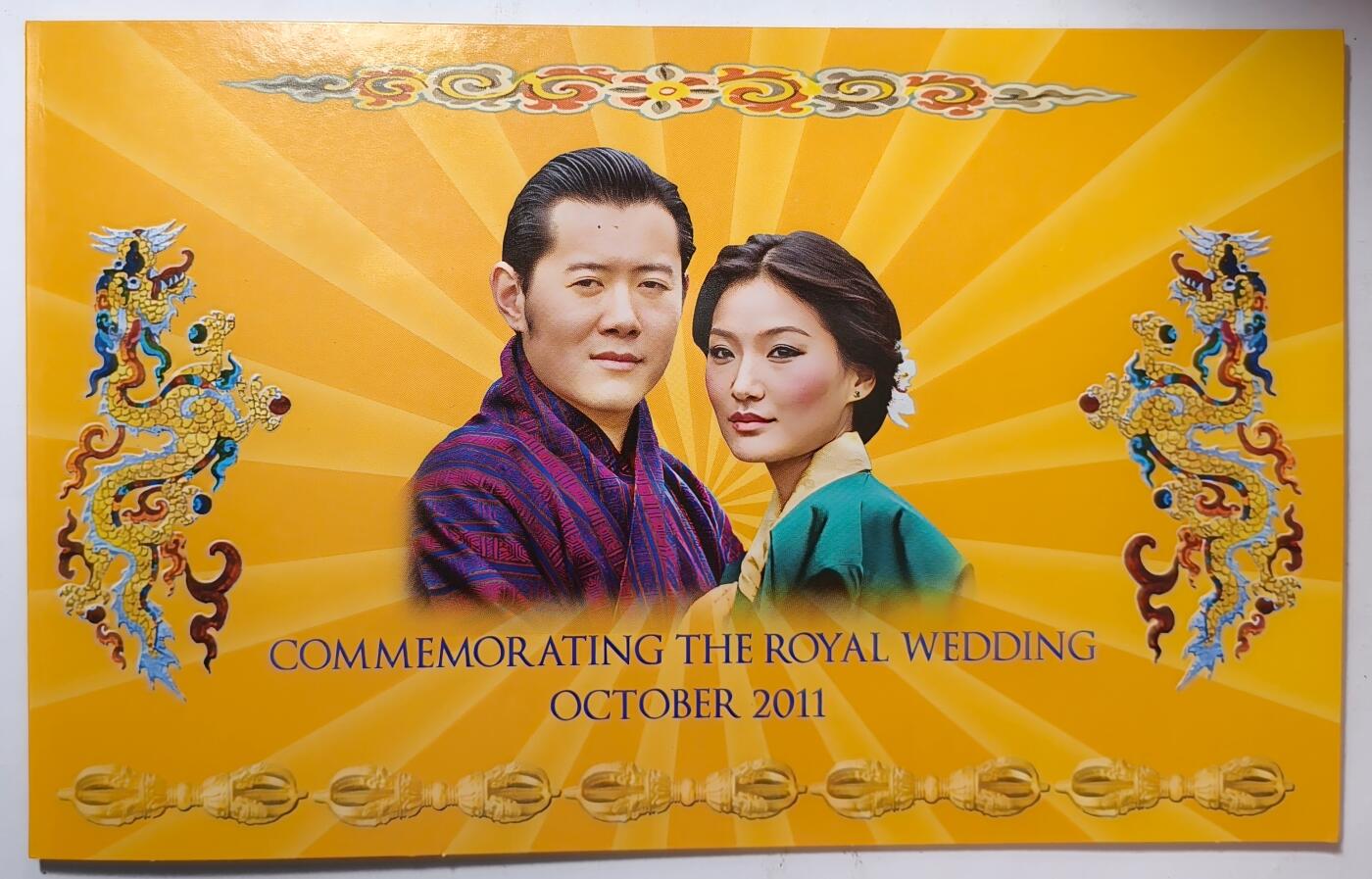 紫瑗钱币——第455期——纸币场 【双尾5】不丹 2011年 皇家婚礼 结婚纪念钞 100努尔特鲁姆 UNC 原装册