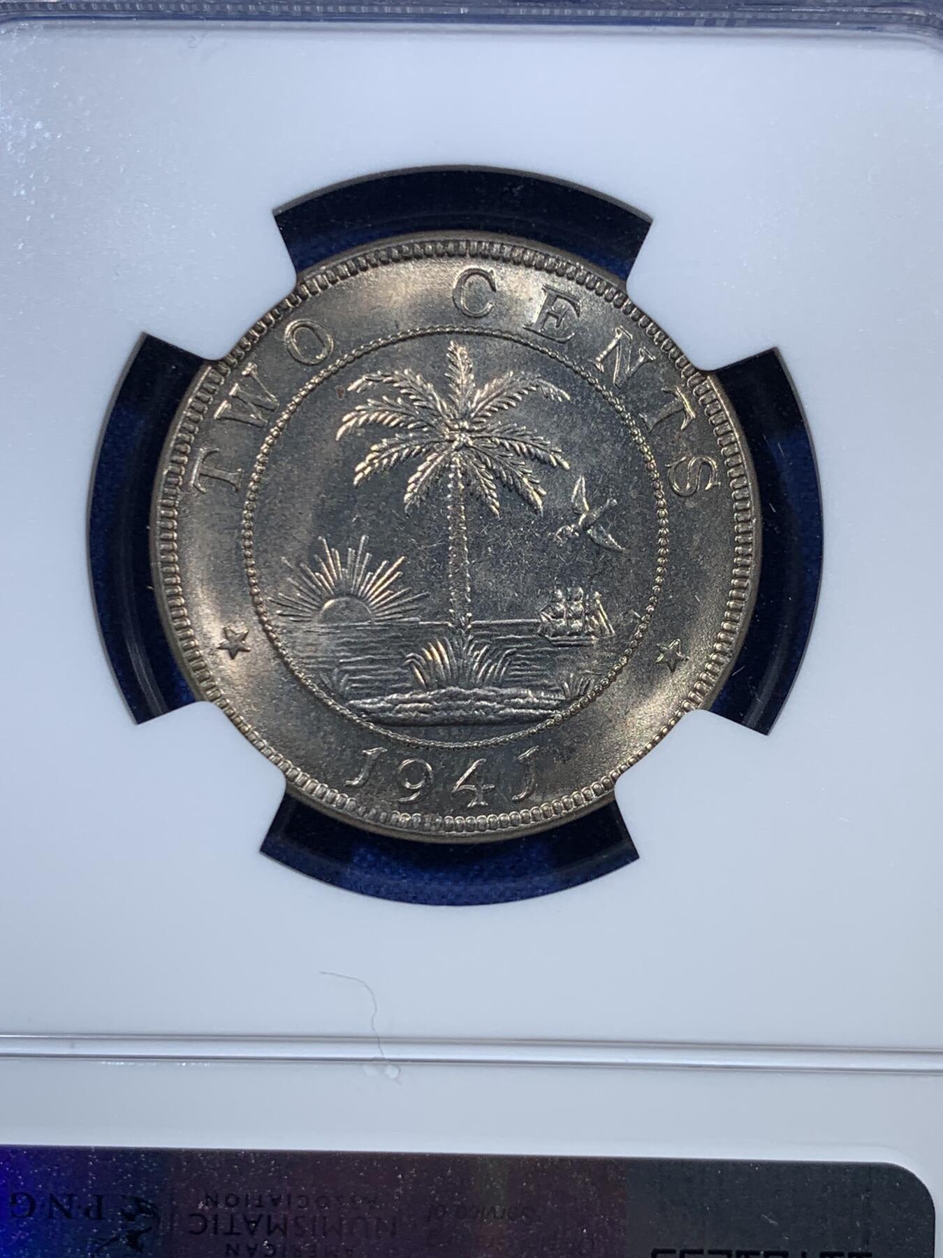 《竞宝斋》第308场   周日，周一,周二 3场连拍 （全场包邮） NGC MS64 1941利比亚 1/2分 1分 2分 三枚一套 一步到位的高价品种 其中1分是利比里亚筋币 好品很少见