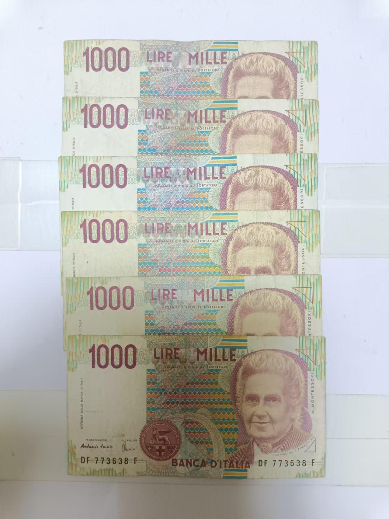 【20240919】非全新纸币第166场 意大利1000里拉6张纸币，有裂缝