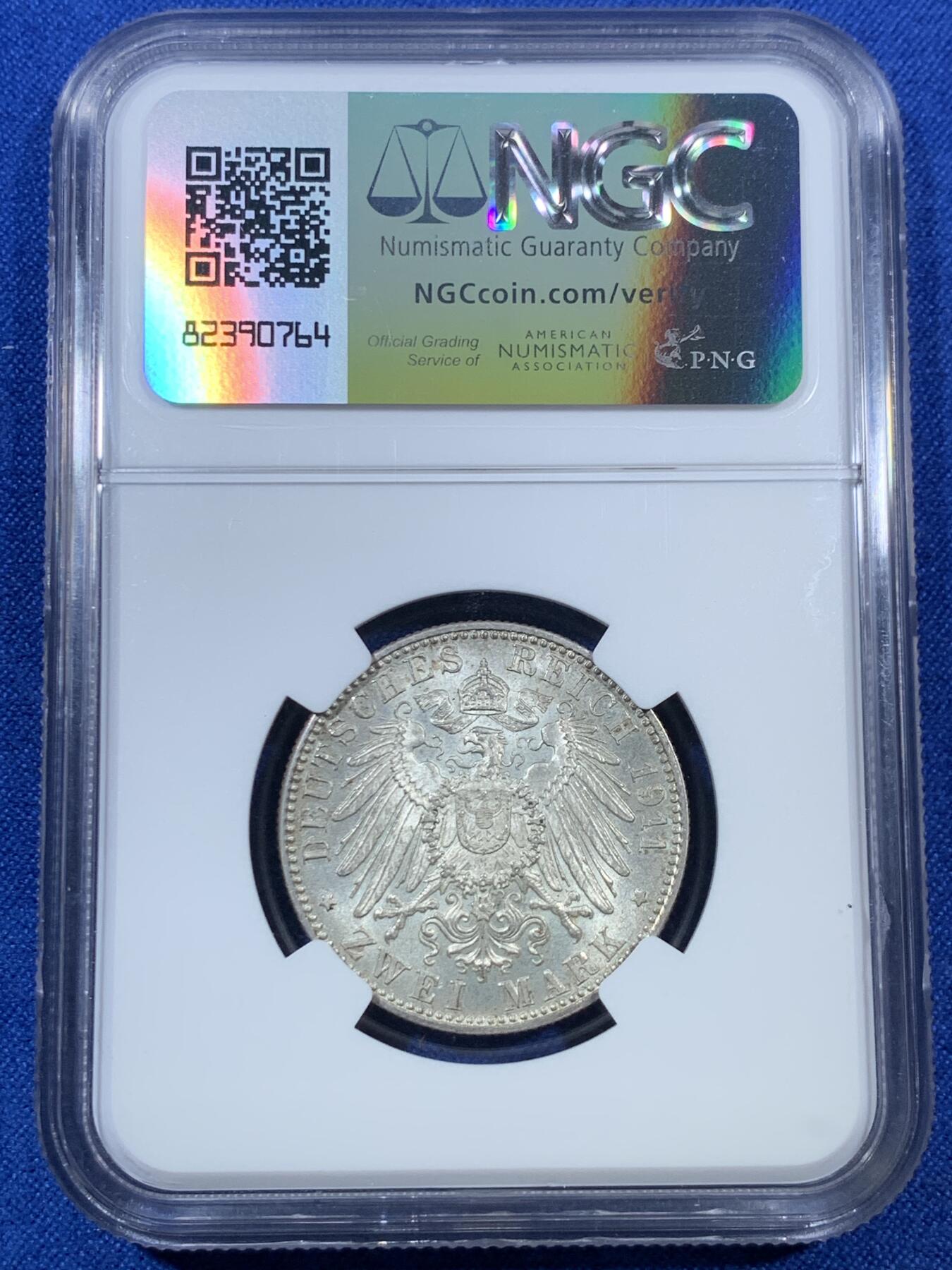 《竞宝斋》第308场   周日，周一,周二 3场连拍 （全场包邮） NGC MS64 原光德国1911年巴伐利亚利奥波德90大寿2马克银币
