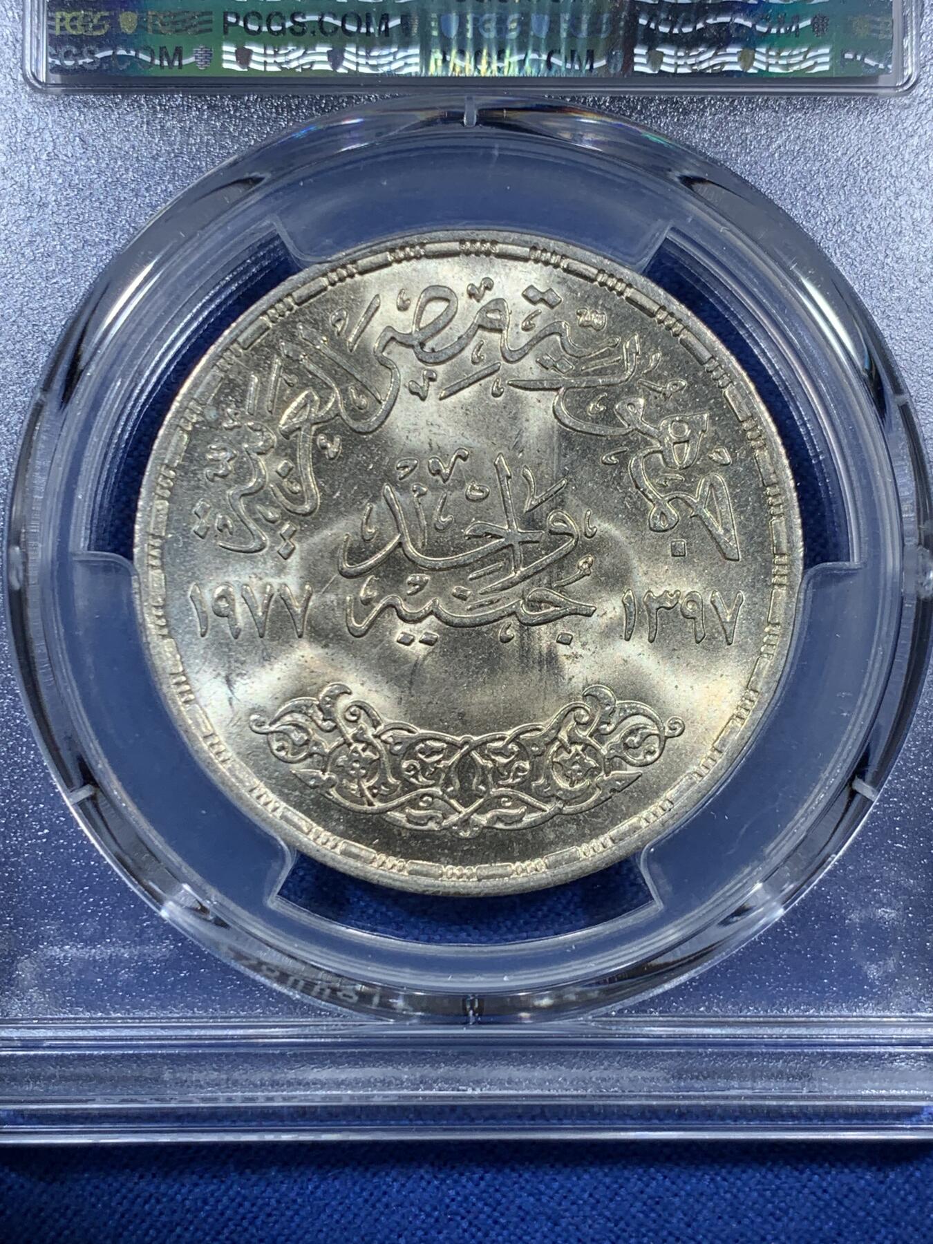 《竞宝斋》第308场   周日，周一,周二 3场连拍 （全场包邮） PCGS MS66 埃及1977年1磅银币 光度极佳