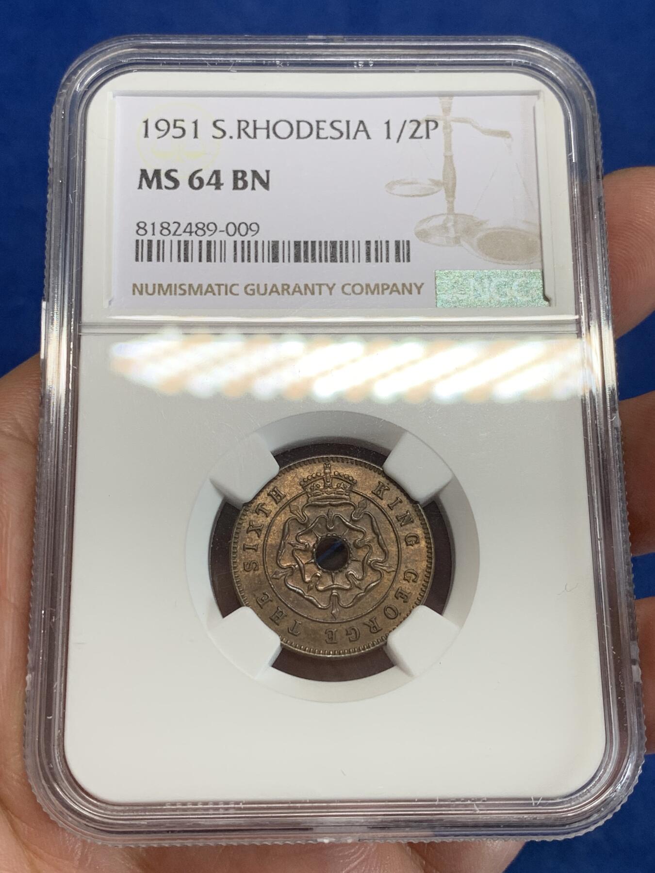 《竞宝斋》第308场   周日，周一,周二 3场连拍 （全场包邮） NGC MS64BN 1951 南罗得西亚 1/2便士 热门品种 少见的小面额铜币