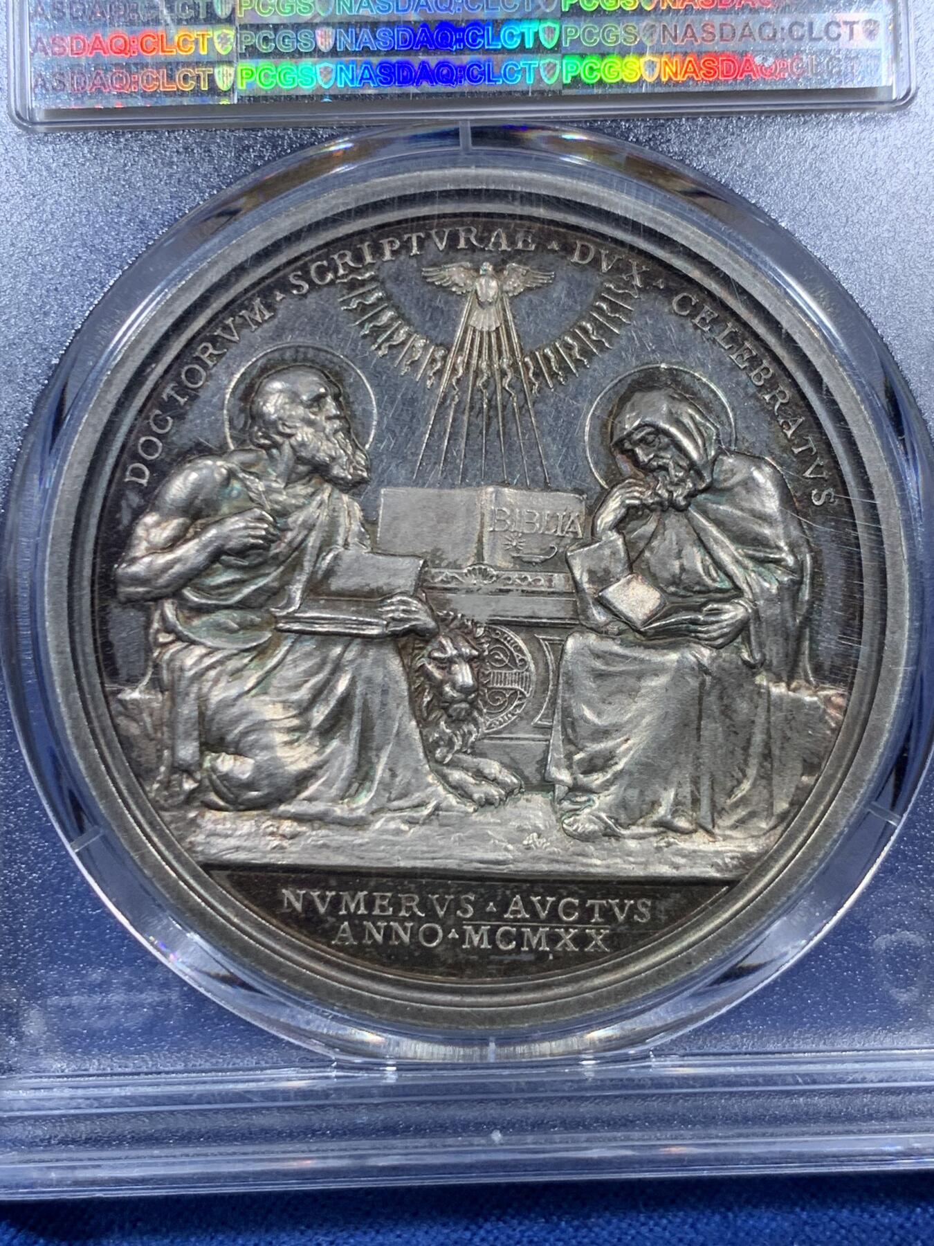 《竞宝斋》第308场   周日，周一,周二 3场连拍 （全场包邮） PCGS SP62 梵蒂冈 1920年本笃十五世银章 双面高浮雕 五彩包浆 细节刻画出色