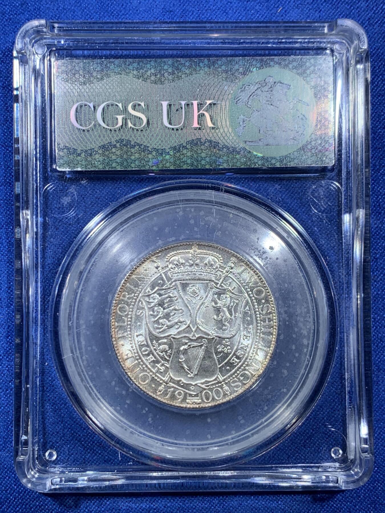 《竞宝斋》第308场   周日，周一,周二 3场连拍 （全场包邮） CGS UNC80 英国1900年维多利亚披纱1弗洛林 CGS80约等于N,P盒63分，四周淡包浆带彩
