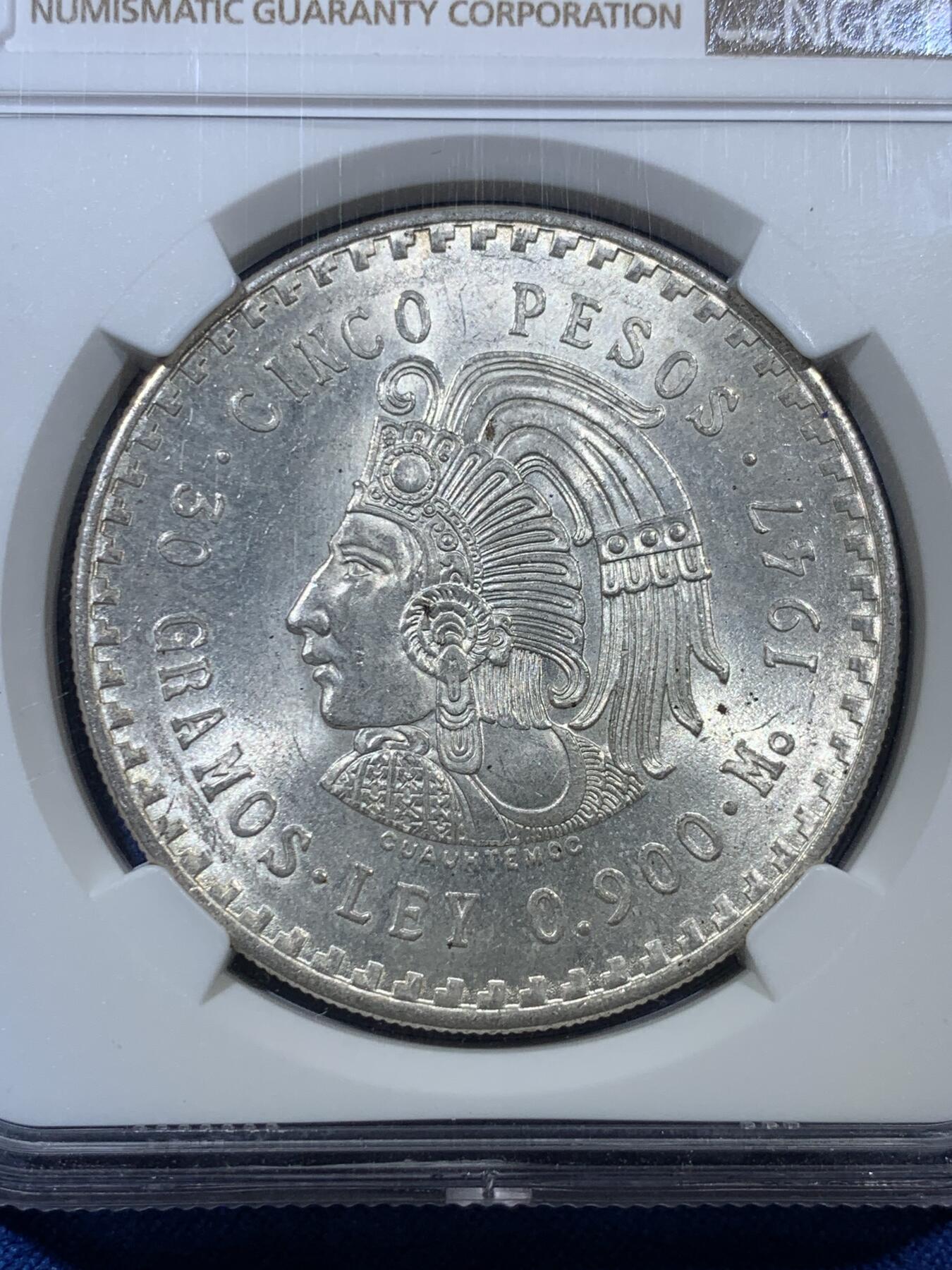 《竞宝斋》第308场   周日，周一,周二 3场连拍 （全场包邮） NGC MS63 墨西哥1947年印第安人头像5比索大银币，转光，1947年铸造量仅为1948年的五分之一！