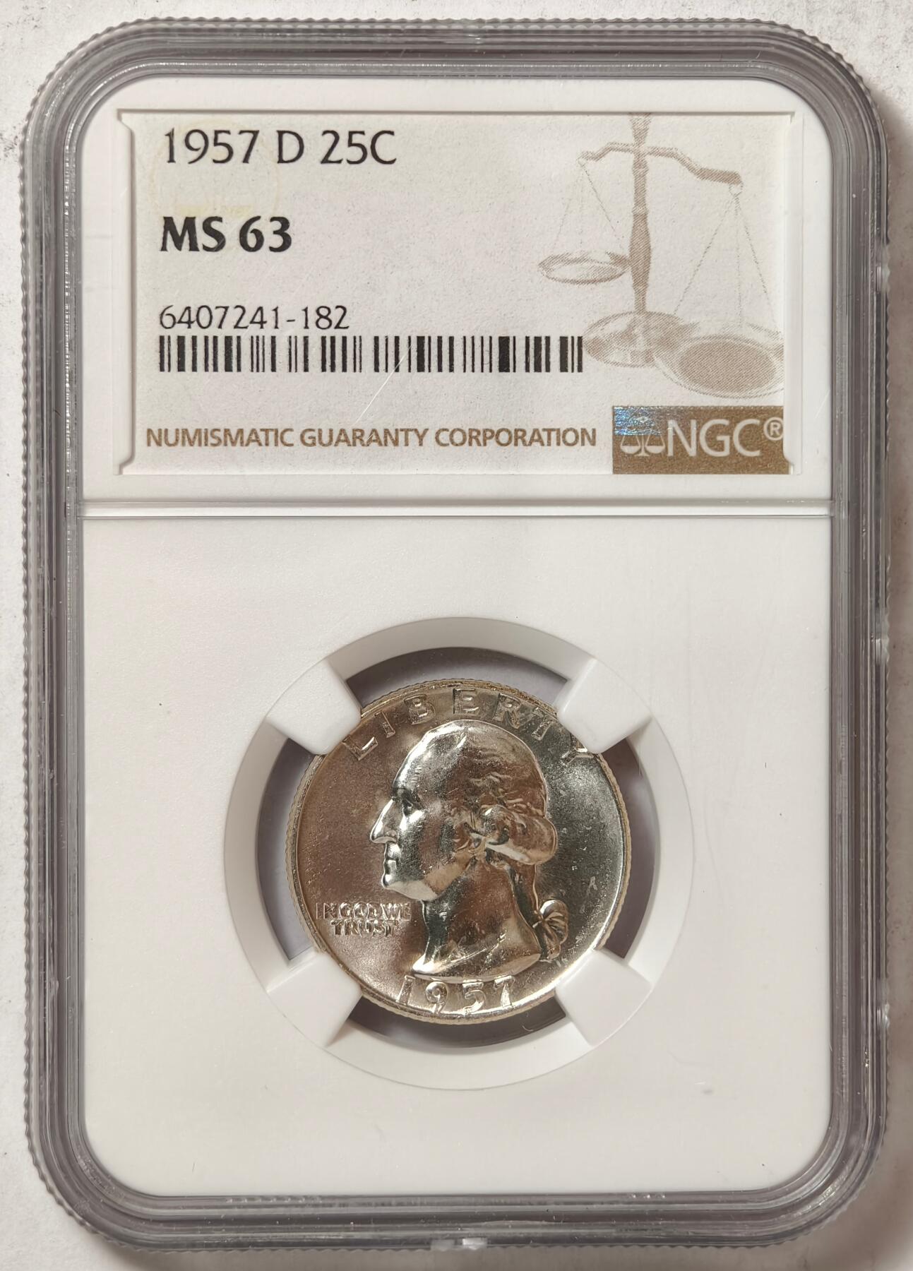 紫瑗钱币——第484期 美国 1957年 D版 华盛顿 25美分 银币 NGC MS63