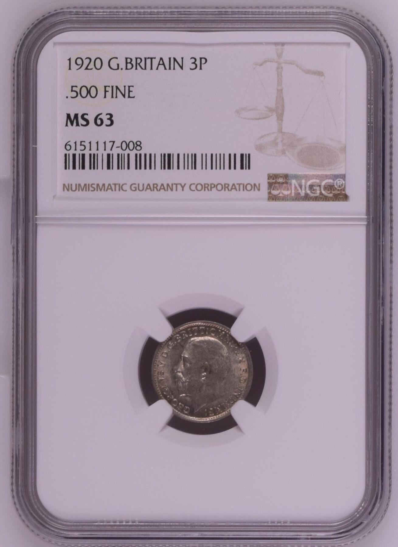 长老汇龙年精选第三十一场拍卖 1920 英国乔治五世3便士银币，NGC MS63