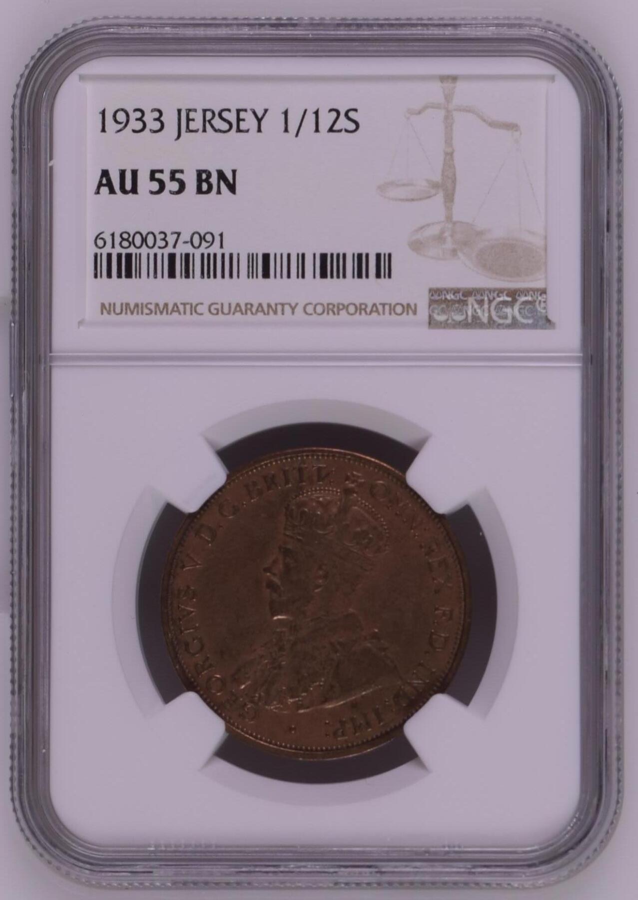长老汇龙年精选第三十一场拍卖 1933泽西乔治五世1/12先令铜币，NGC AU55BN
