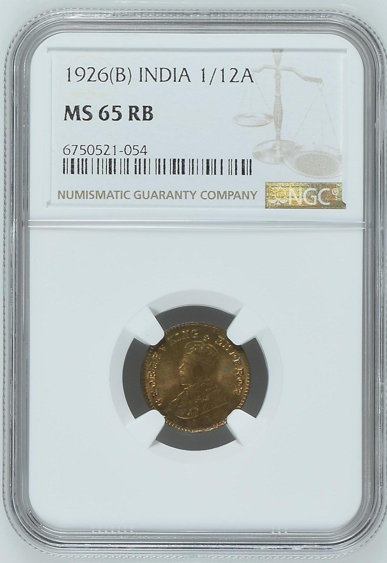 长老汇龙年精选第三十一场拍卖 1926(B) 英属印度乔治五世1/12安娜铜币，NGC MS65RB