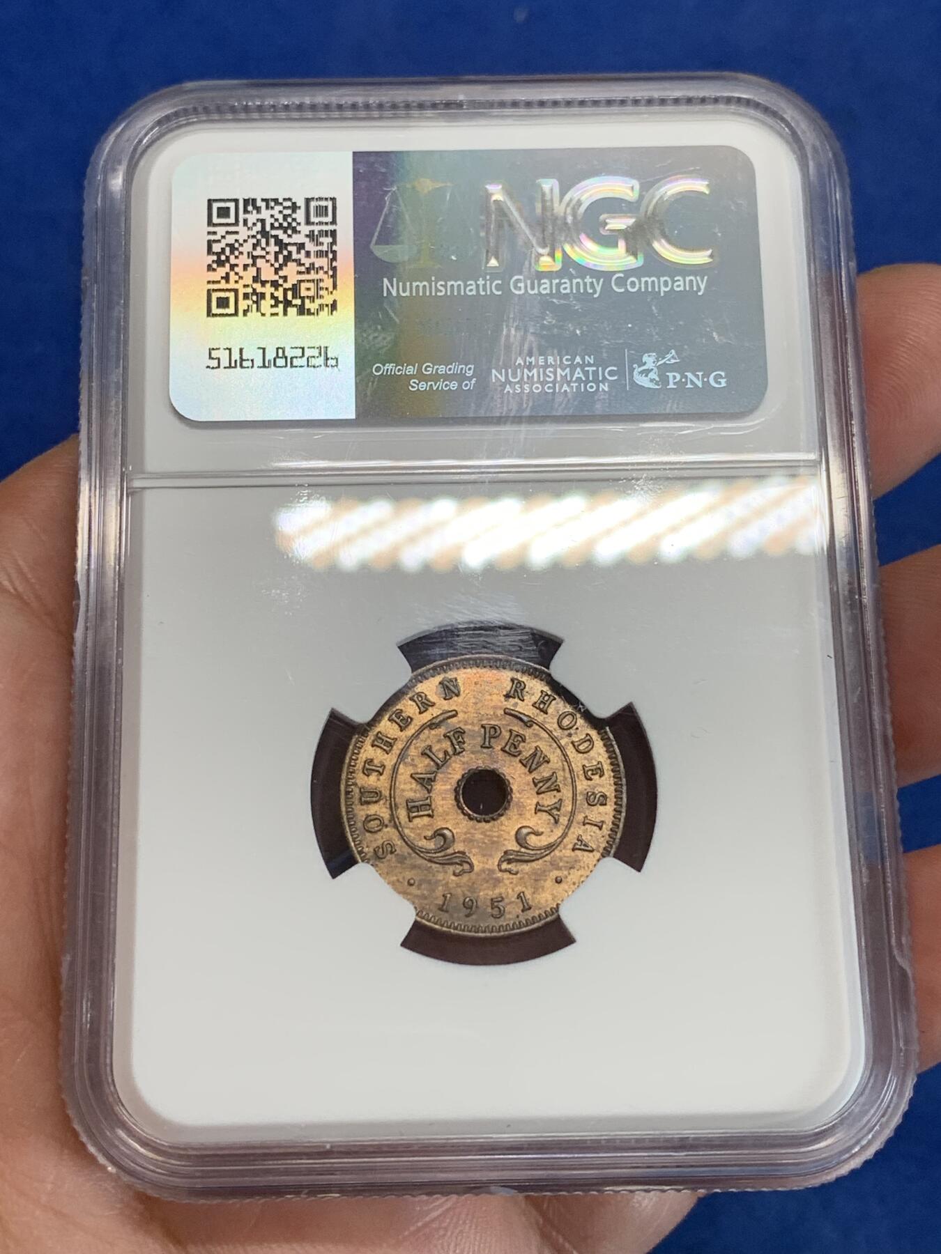 《竞宝斋》第308场   周日，周一,周二 3场连拍 （全场包邮） NGC MS64BN 1951 南罗得西亚 1/2便士 热门品种 少见的小面额铜币