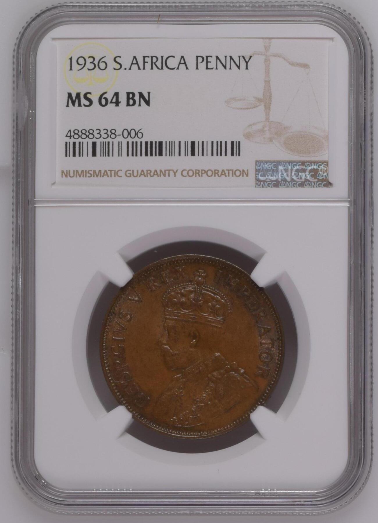 长老汇龙年精选第三十一场拍卖 1936南非乔治五世1便士铜币，NGC MS64BN，巧克力色