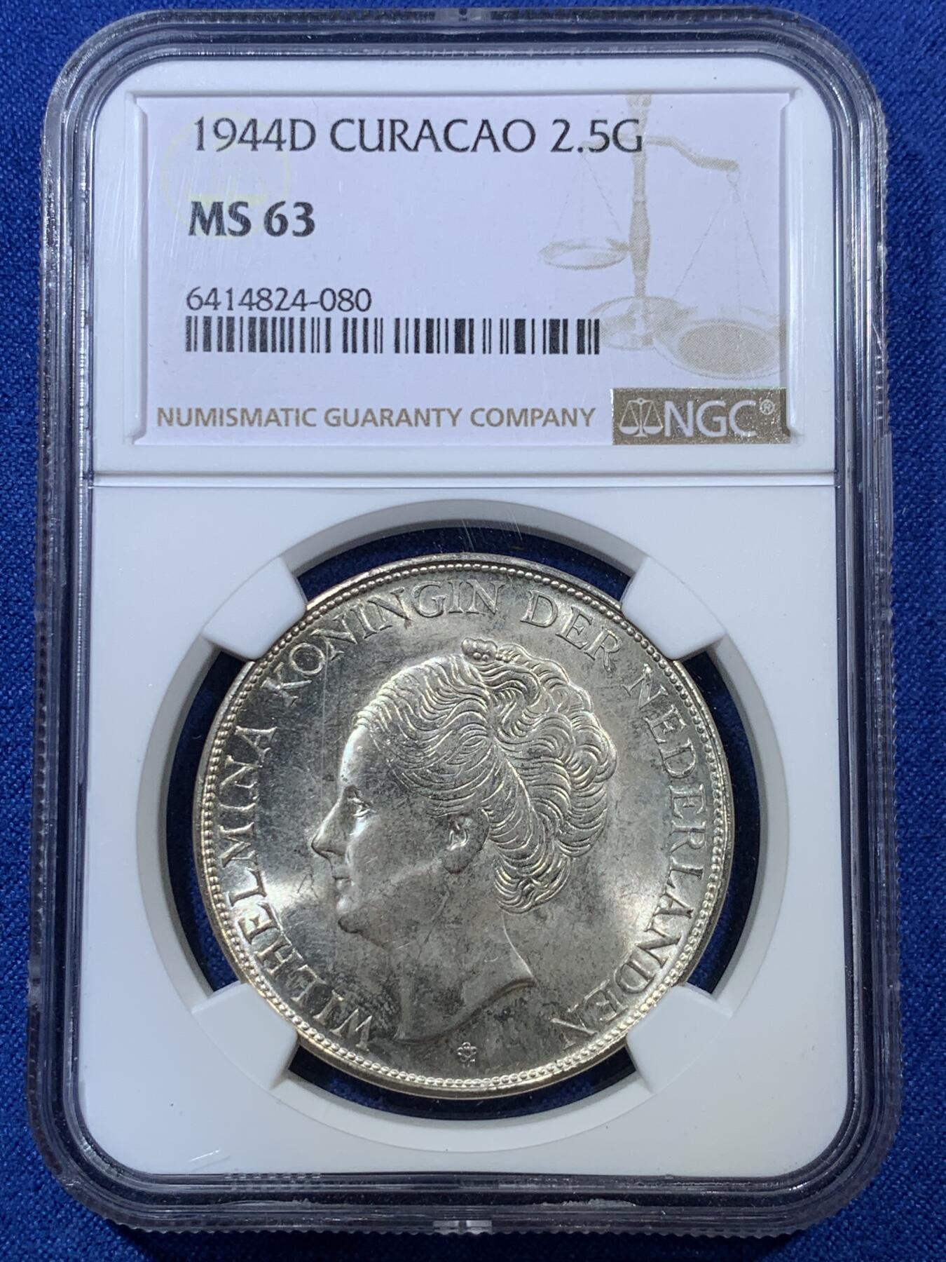 《竞宝斋》第308场   周日，周一,周二 3场连拍 （全场包邮） NGC MS63 库拉索1944年D版 威廉米娜女王2.5盾大银币，银光闪闪！