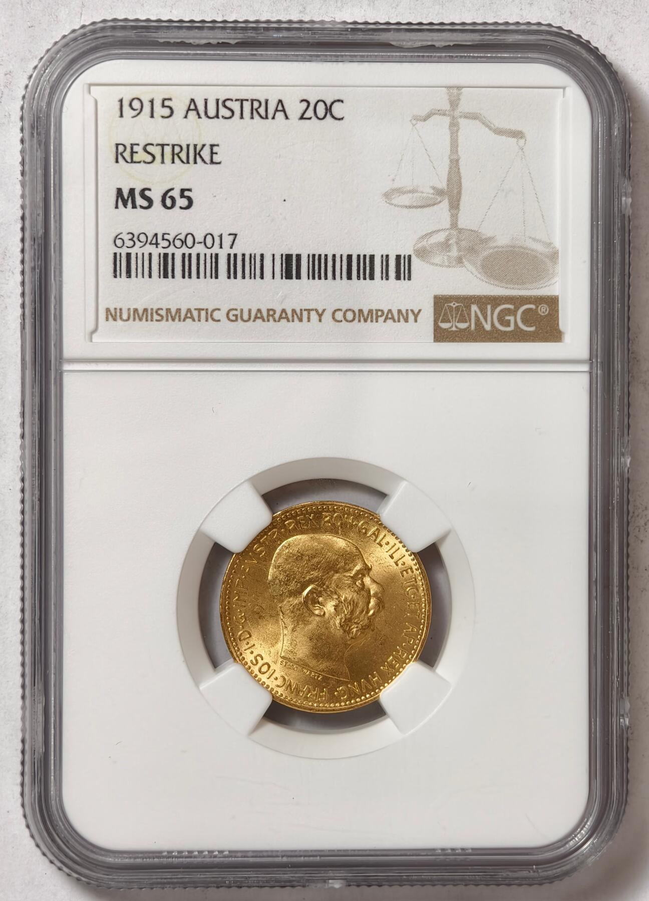 紫瑗钱币——第426期 奥地利 1915年 弗朗茨·约瑟夫二世 20克朗 金币 NGC MS65