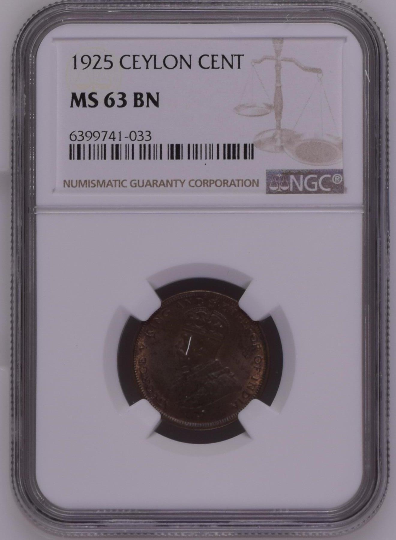 长老汇龙年精选第三十一场拍卖 1925 锡兰乔治五世1分铜币，NGC MS63BN