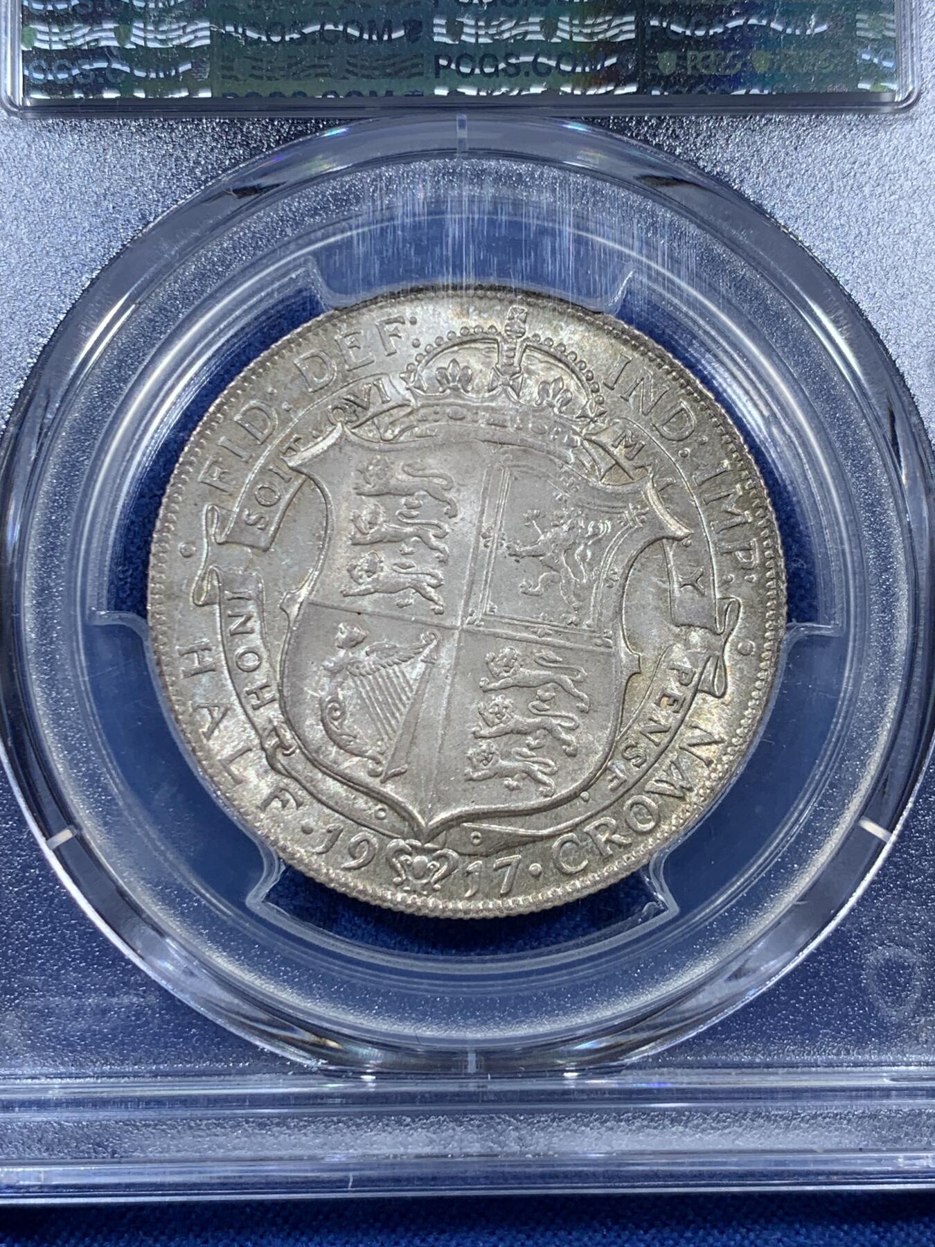《竞宝斋》第308场   周日，周一,周二 3场连拍 （全场包邮） PCGS MS64 英国 1917年 半克朗 乔治五世 银币 原味包浆 925高银版