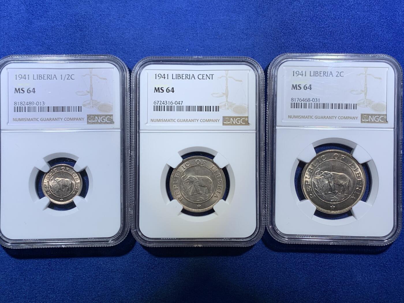 《竞宝斋》第308场   周日，周一,周二 3场连拍 （全场包邮） NGC MS64 1941利比亚 1/2分 1分 2分 三枚一套 一步到位的高价品种 其中1分是利比里亚筋币 好品很少见