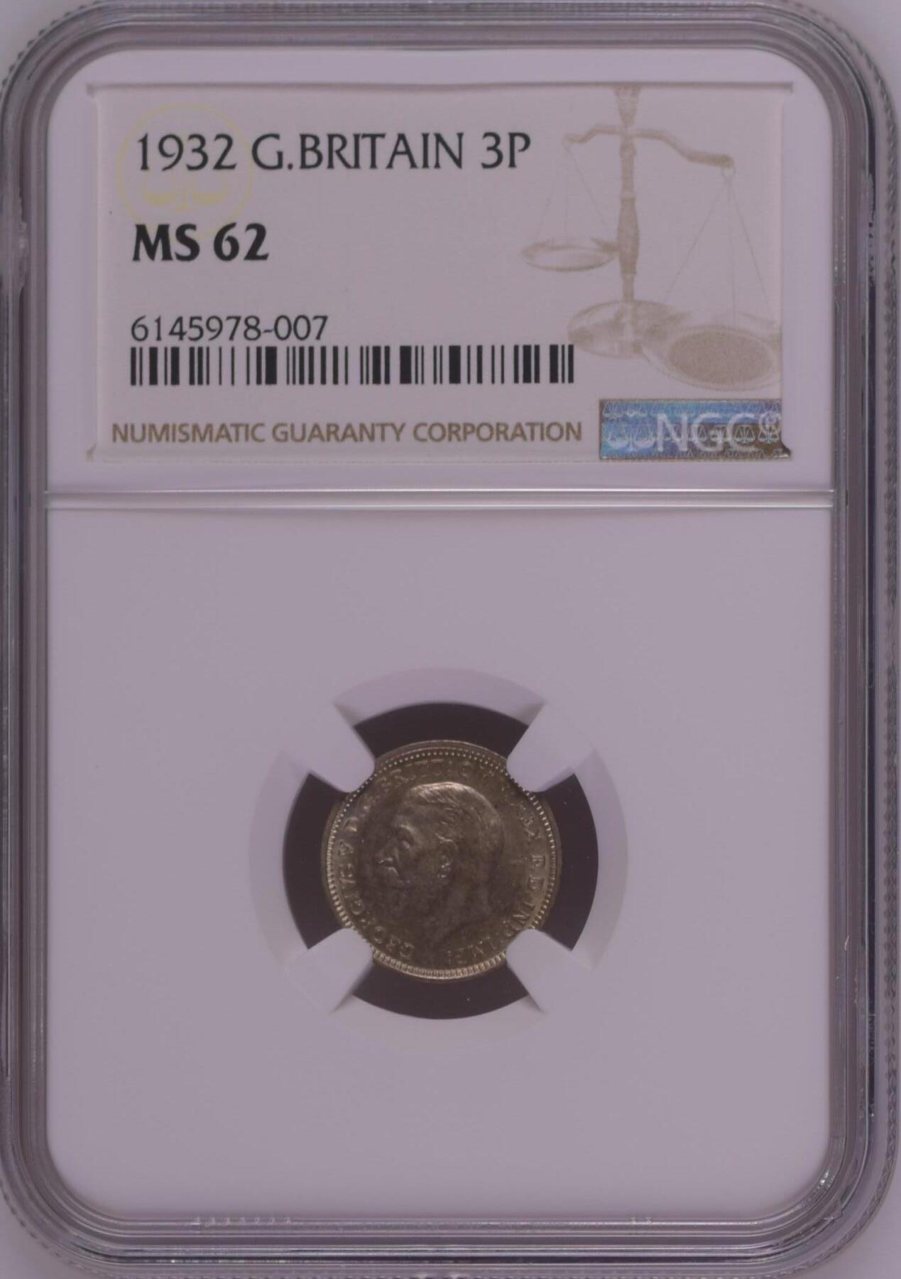 长老汇龙年精选第三十一场拍卖 1932 英国乔治五世3便士银币，NGC MS62