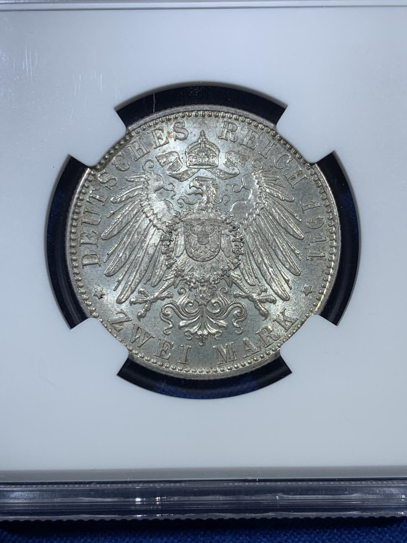 《竞宝斋》第308场   周日，周一,周二 3场连拍 （全场包邮） NGC MS64 原光德国1911年巴伐利亚利奥波德90大寿2马克银币