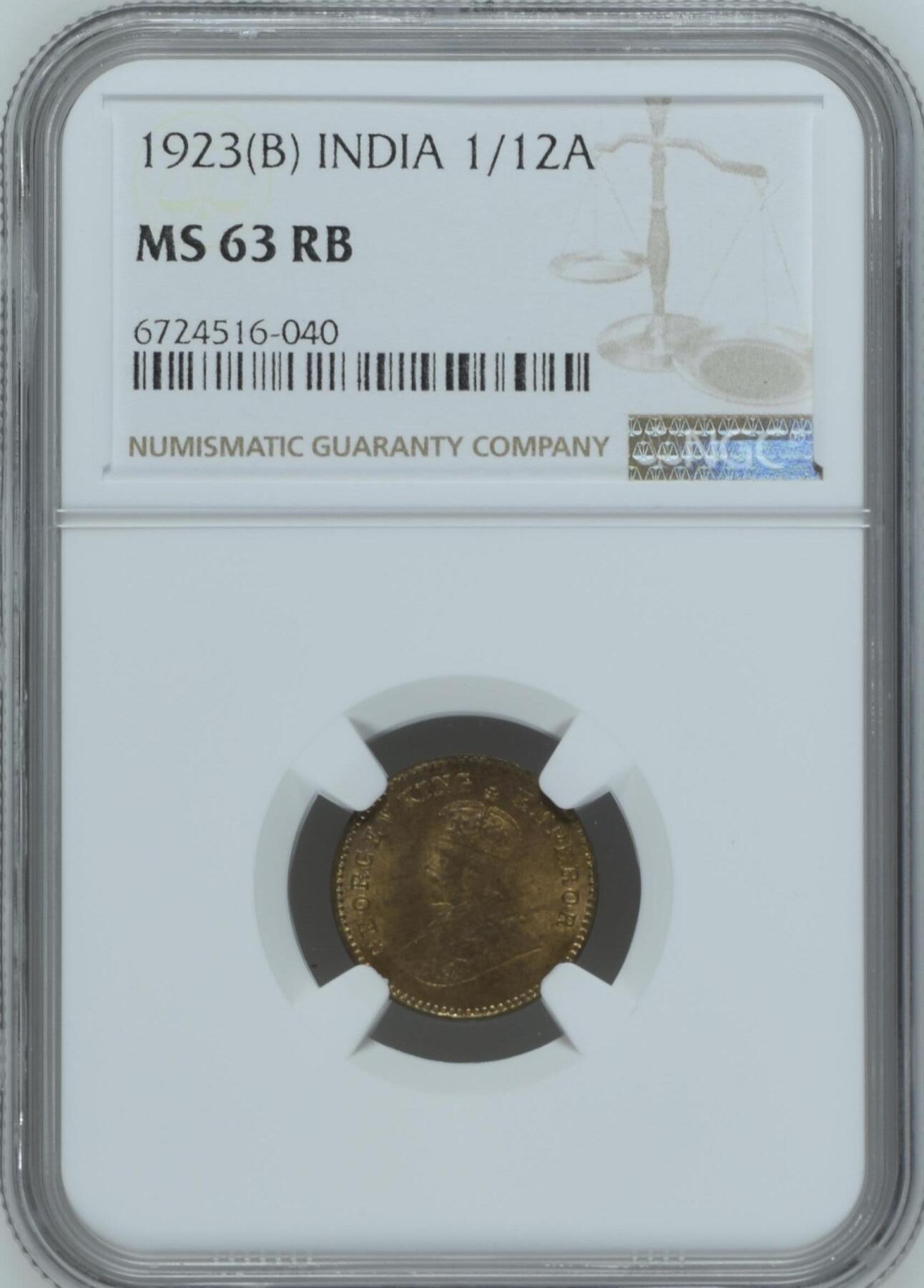 长老汇龙年精选第三十一场拍卖 1923(B) 英属印度乔治五世1/12安娜铜币，NGC MS63RB