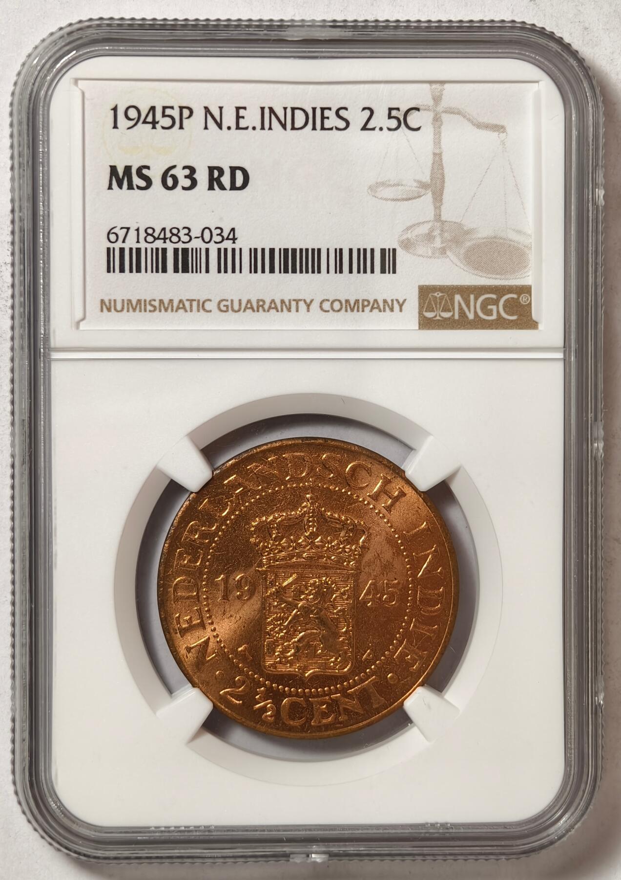 紫瑗钱币——第426期 荷属东印度 1945年 P版 2.5分 铜币 NGC MS63 RD