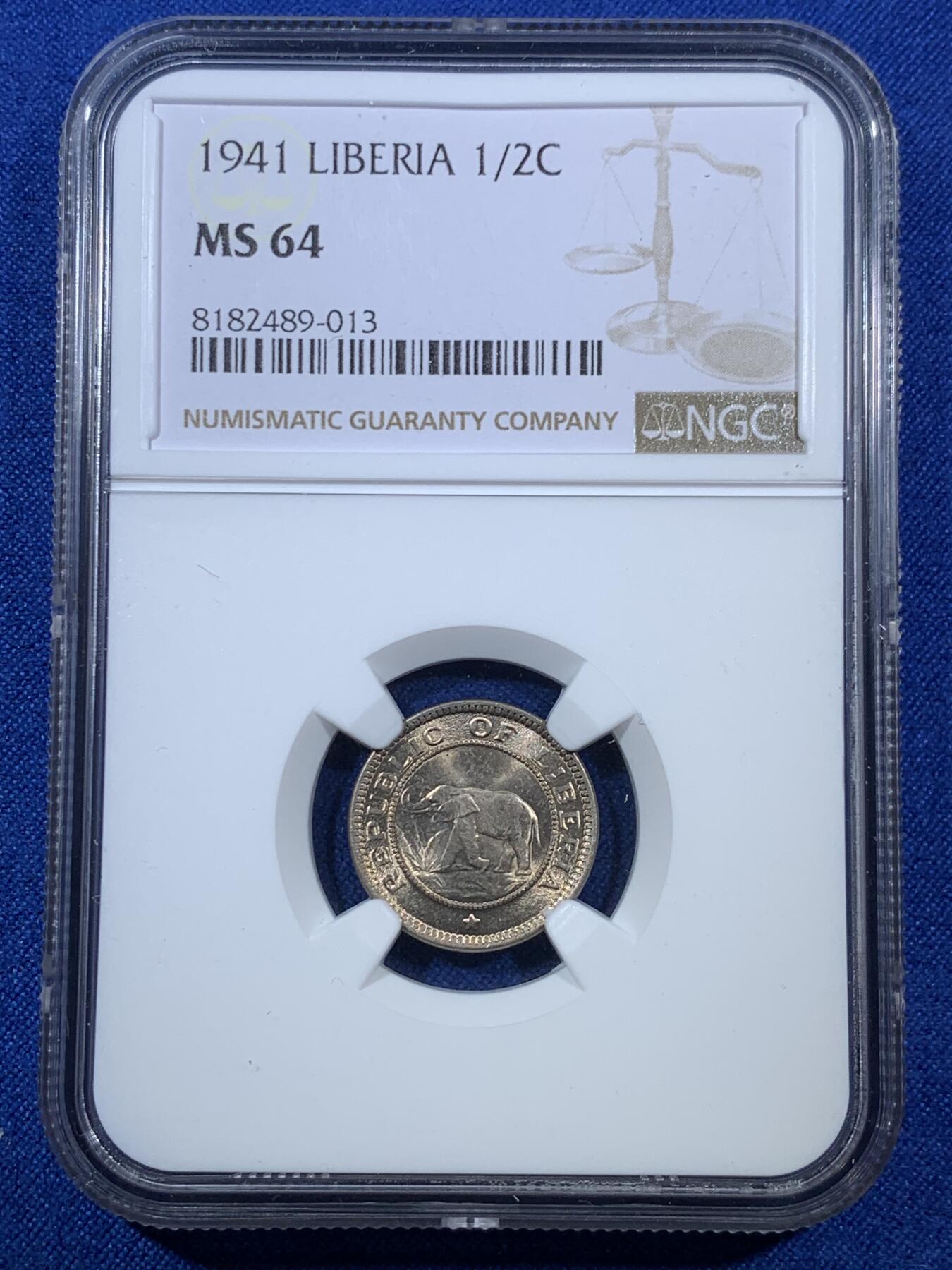 《竞宝斋》第308场   周日，周一,周二 3场连拍 （全场包邮） NGC MS64 1941利比亚 1/2分 1分 2分 三枚一套 一步到位的高价品种 其中1分是利比里亚筋币 好品很少见
