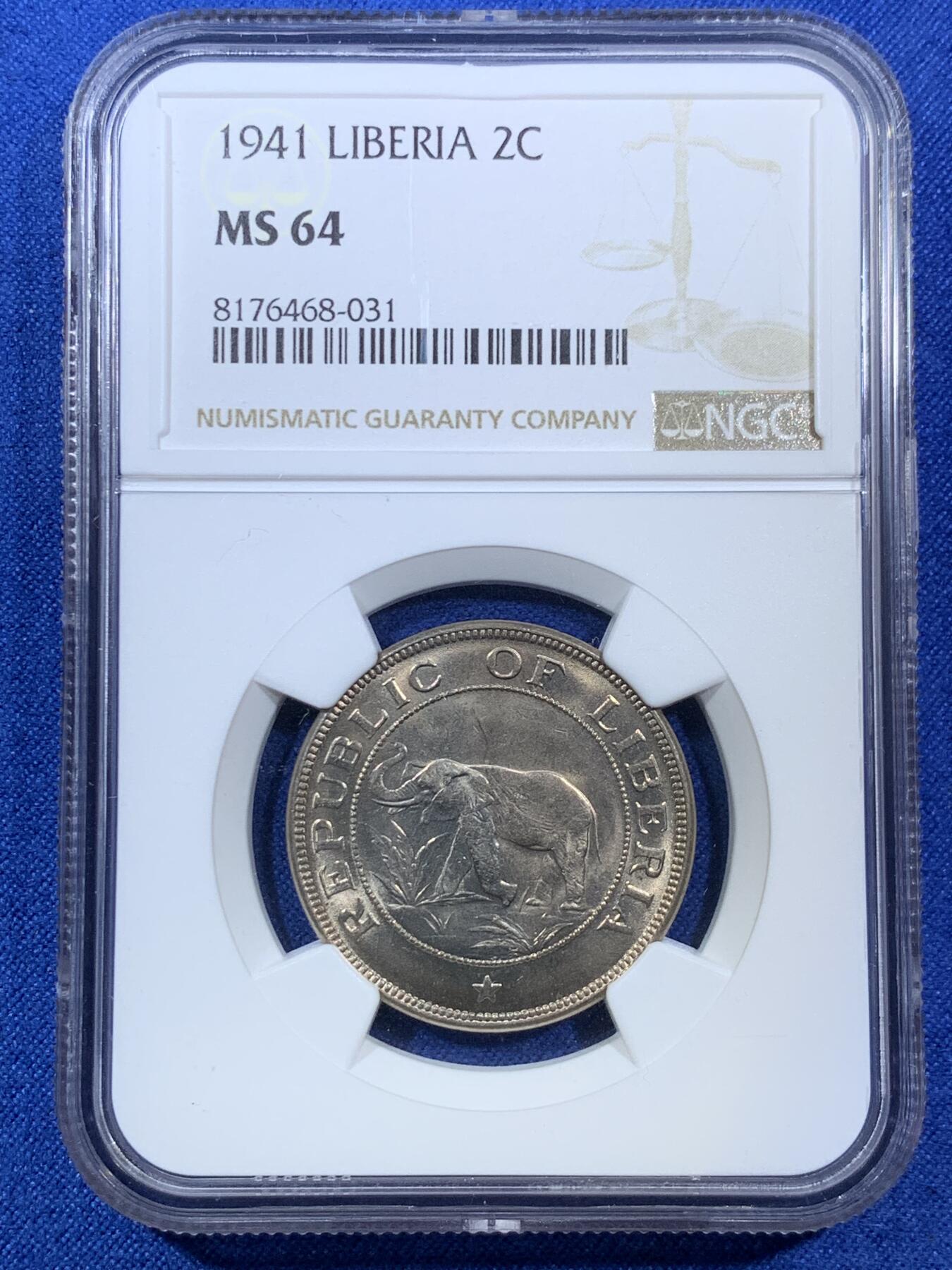 《竞宝斋》第308场   周日，周一,周二 3场连拍 （全场包邮） NGC MS64 1941利比亚 1/2分 1分 2分 三枚一套 一步到位的高价品种 其中1分是利比里亚筋币 好品很少见