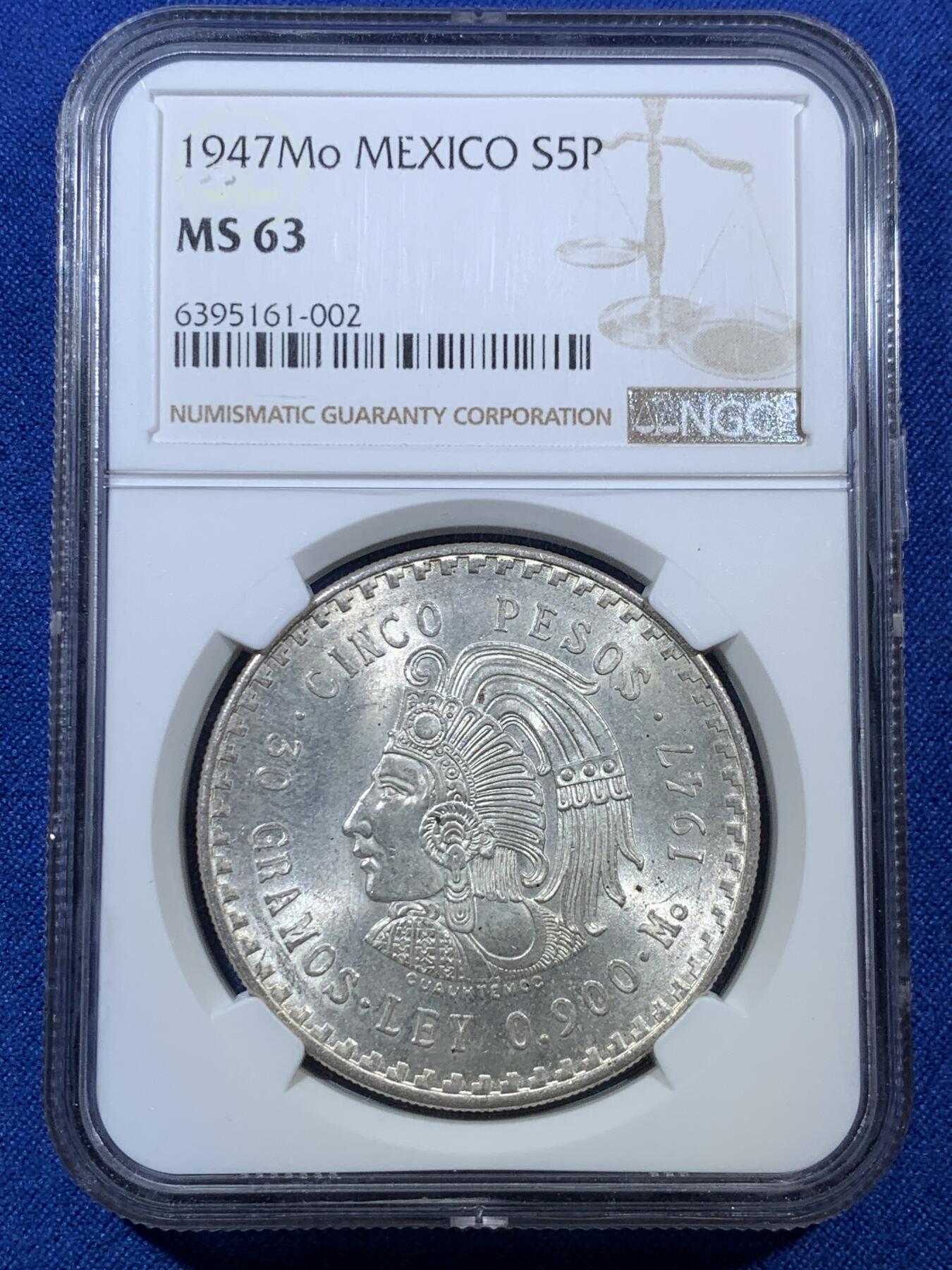 《竞宝斋》第308场   周日，周一,周二 3场连拍 （全场包邮） NGC MS63 墨西哥1947年印第安人头像5比索大银币，转光，1947年铸造量仅为1948年的五分之一！