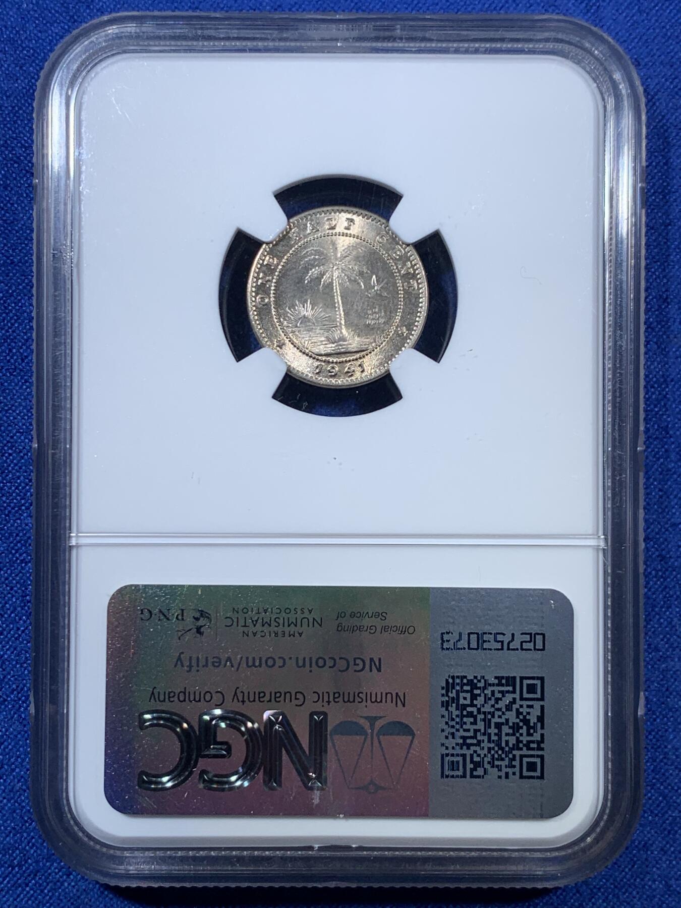 《竞宝斋》第308场   周日，周一,周二 3场连拍 （全场包邮） NGC MS64 1941利比亚 1/2分 1分 2分 三枚一套 一步到位的高价品种 其中1分是利比里亚筋币 好品很少见