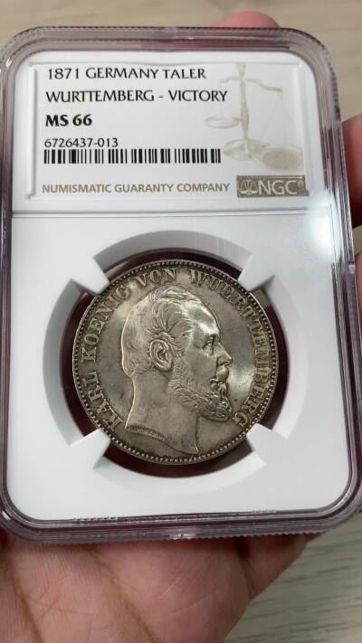 万国钱币拍卖第034期 NGC MS66 1871年德国符腾堡普法战争胜利纪念流通1泰勒 顶级品相胜利天使 NGC冠军分