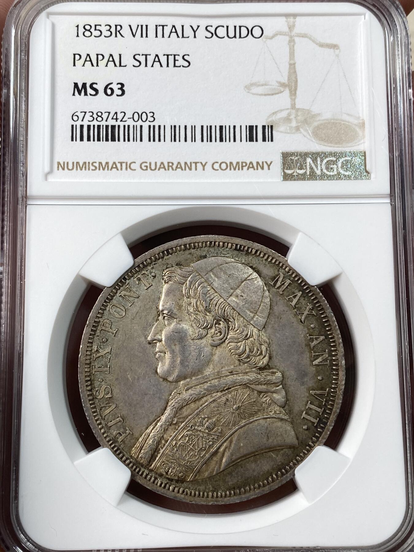 万国钱币拍卖第034期 NGC MS63 1853年教皇国庇护九世斯库多大银 原味欧洲包浆 状态舒适