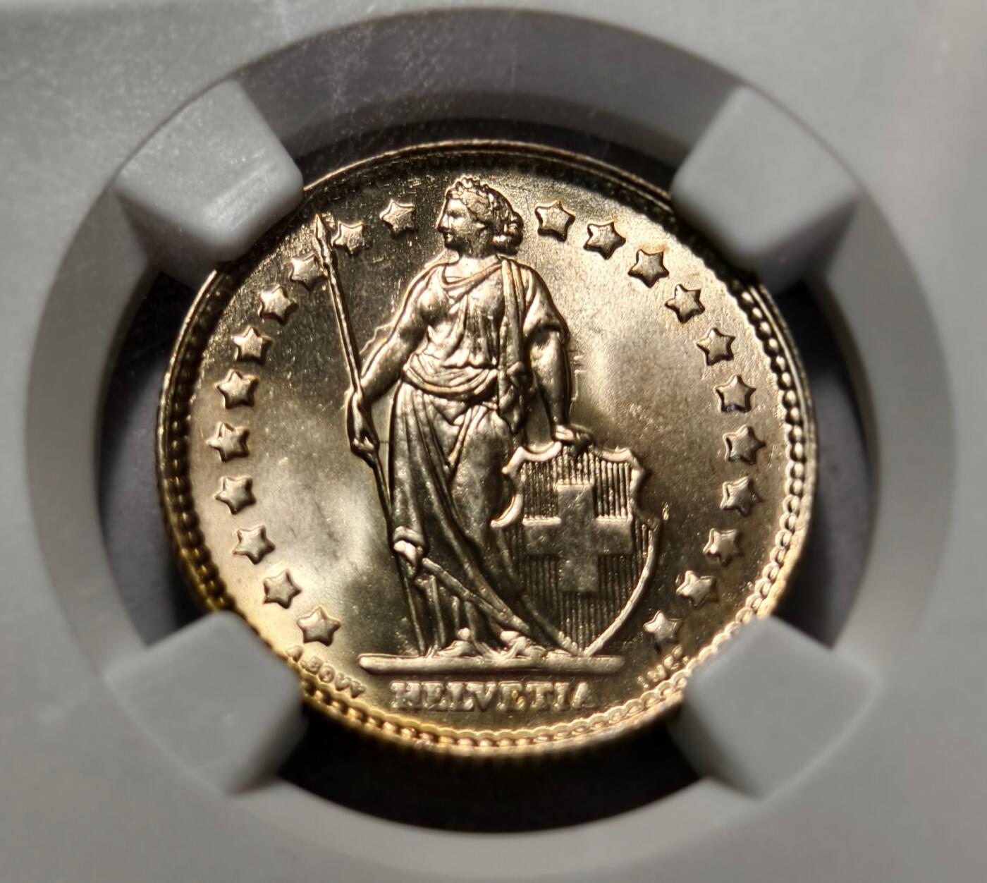 紫瑗钱币——第464期 瑞士 1964年 B版 赫尔维蒂亚 1法郎 银币 NGC MS64