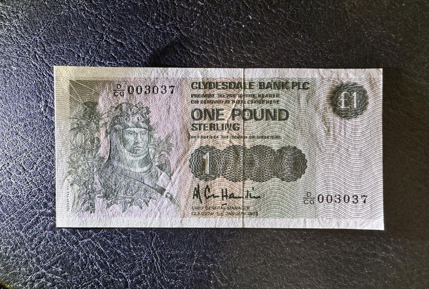 收藏联盟Quantum Auction 第377期拍卖  苏格兰克莱斯戴尔银行1983年1镑千位号 品相AU+ 号码无4