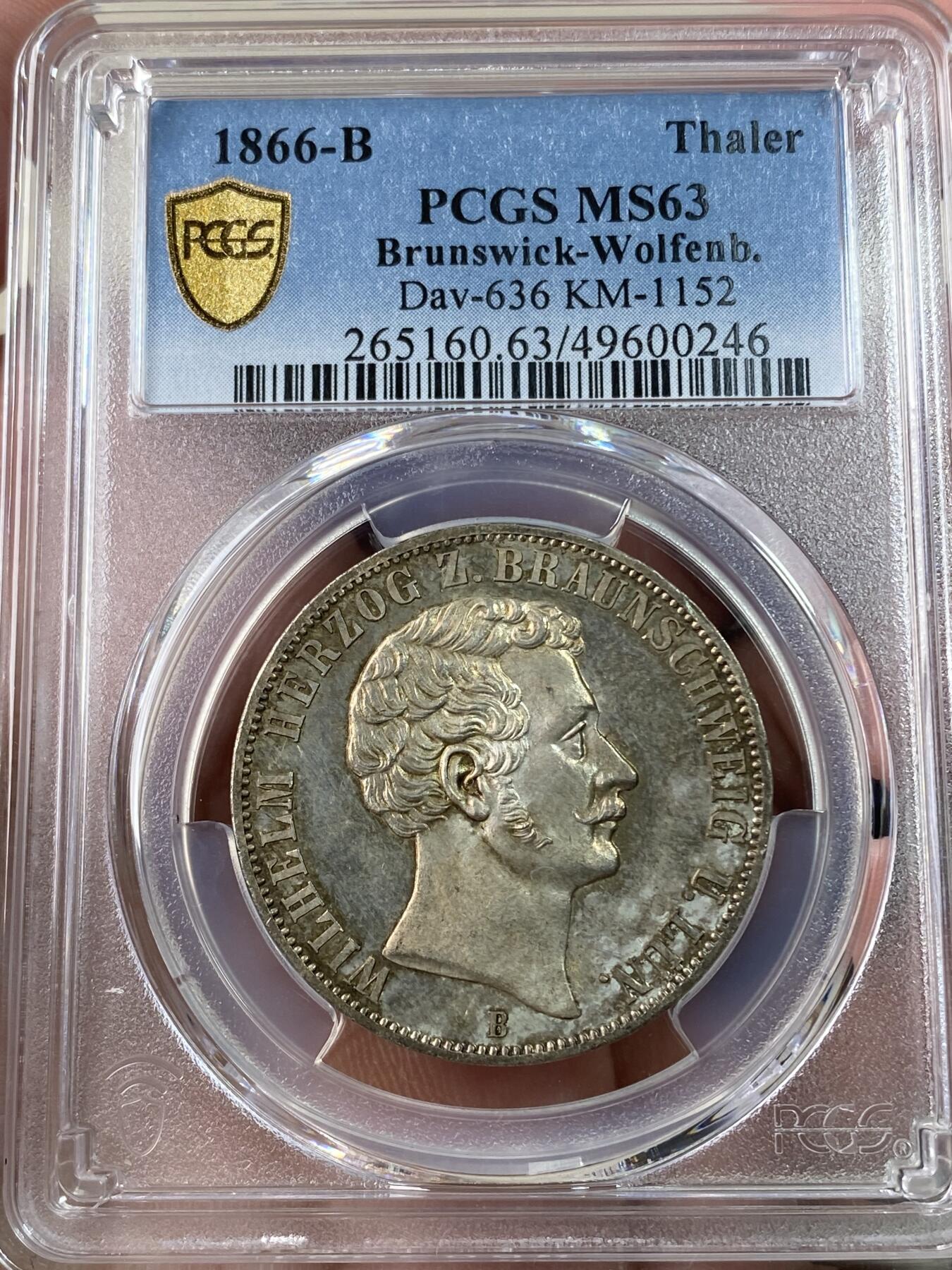 万国钱币拍卖第034期 PCGS MS63 1866年德国布伦瑞克-狼堡盾徽流通1泰勒 小邦精品 金彩包浆非常亮眼 