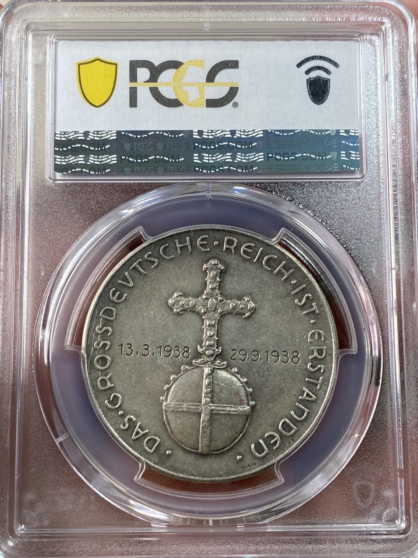 万国钱币拍卖第034期 PCGS SP58 1938年德国民族社会主义工人党纪念吞并奥地利银章 名誉高浮雕