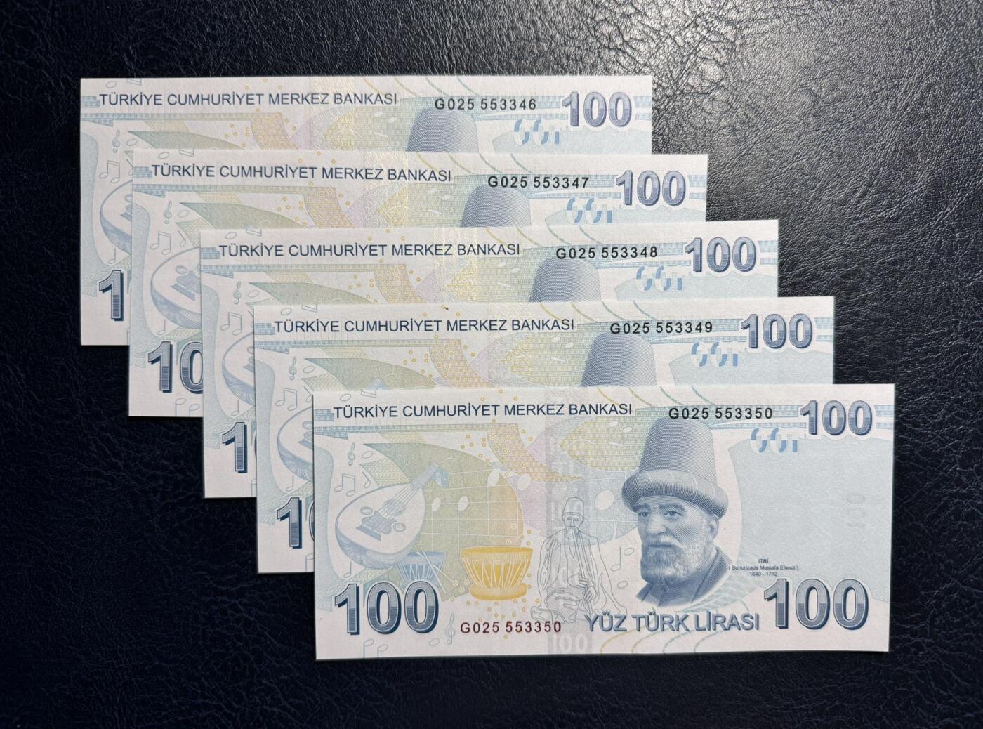 收藏联盟Quantum Auction 第377期拍卖  土耳其2009版100里拉五连号 品相全新UNC 音乐家和诗人 伊德里