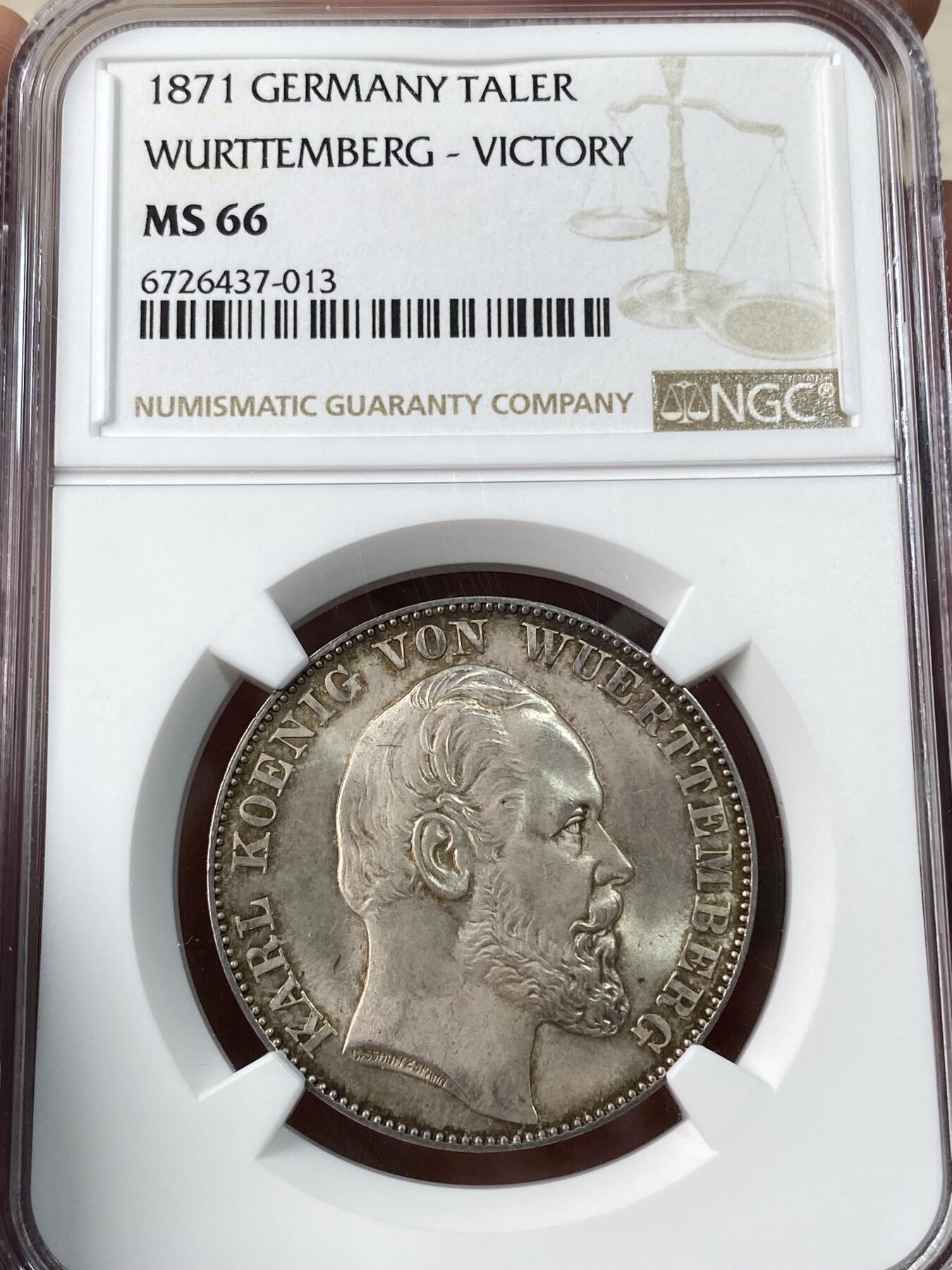 万国钱币拍卖第034期 NGC MS66 1871年德国符腾堡普法战争胜利纪念流通1泰勒 顶级品相胜利天使 NGC冠军分