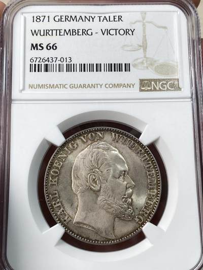 万国钱币拍卖第034期 - NGC MS66 1871年德国符腾堡普法战争胜利纪念流通1泰勒 顶级品相胜利天使 NGC冠军分