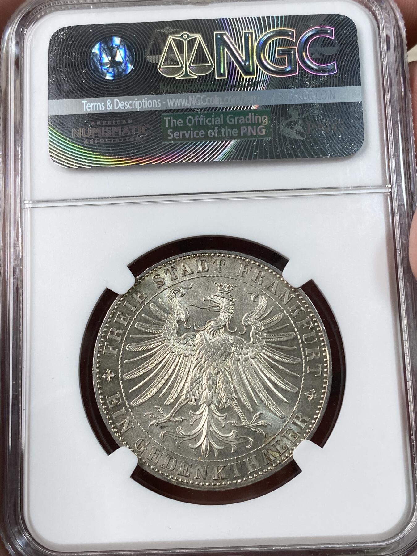 万国钱币拍卖第034期 NGC MS63 1863年德国法兰克福王子会议流通1泰勒 原味转光 百看不厌 