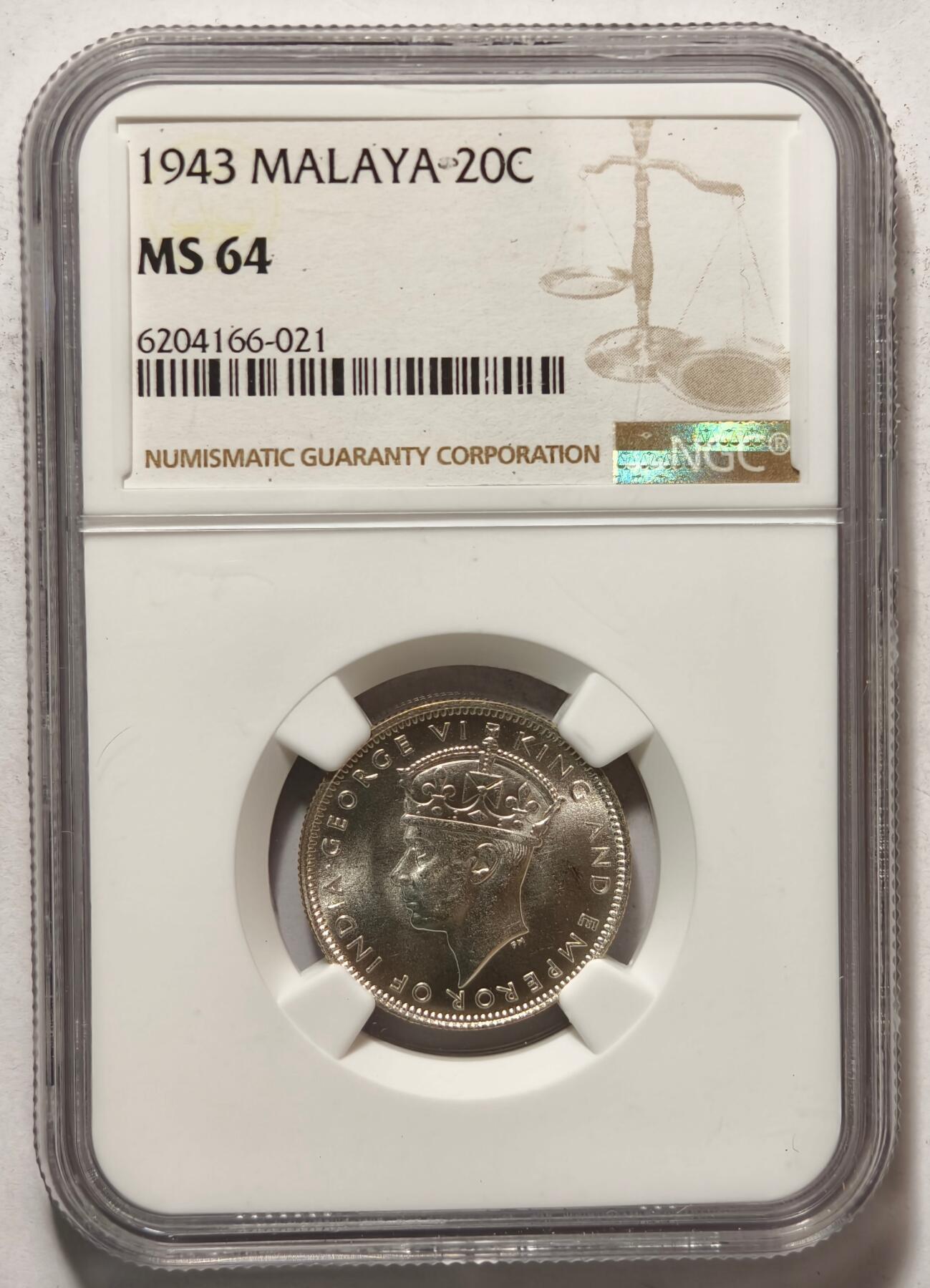 紫瑗钱币——第428期 马来亚 1943年 乔治六世 20分 银币 NGC MS64