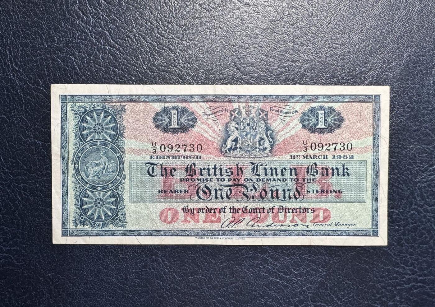 收藏联盟Quantum Auction 第377期拍卖  苏格兰亚麻银行1962年1镑 品相如图