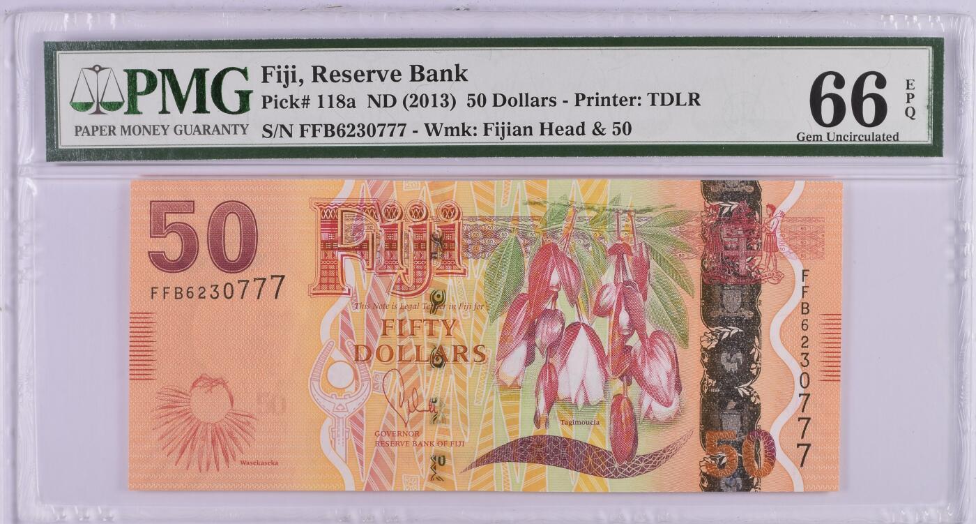 收藏联盟Quantum Auction 第377期拍卖  斐济2013年版50元豹子号777 PMG66 号码无4 正面为稀有血兰花